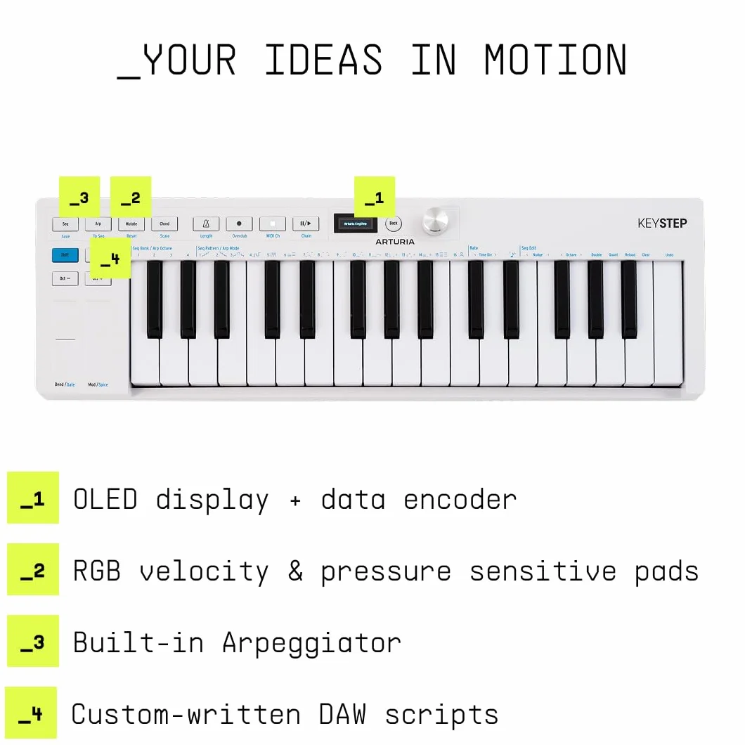 Arturia - Keystep MK2 - Controlador MIDI portátil, secuenciador y arpegiador - 32 teclas delgadas, pantalla OLED, secuenciador de pasos polifónico, arpegiador de 16 modos, compatible con CV - Blanco