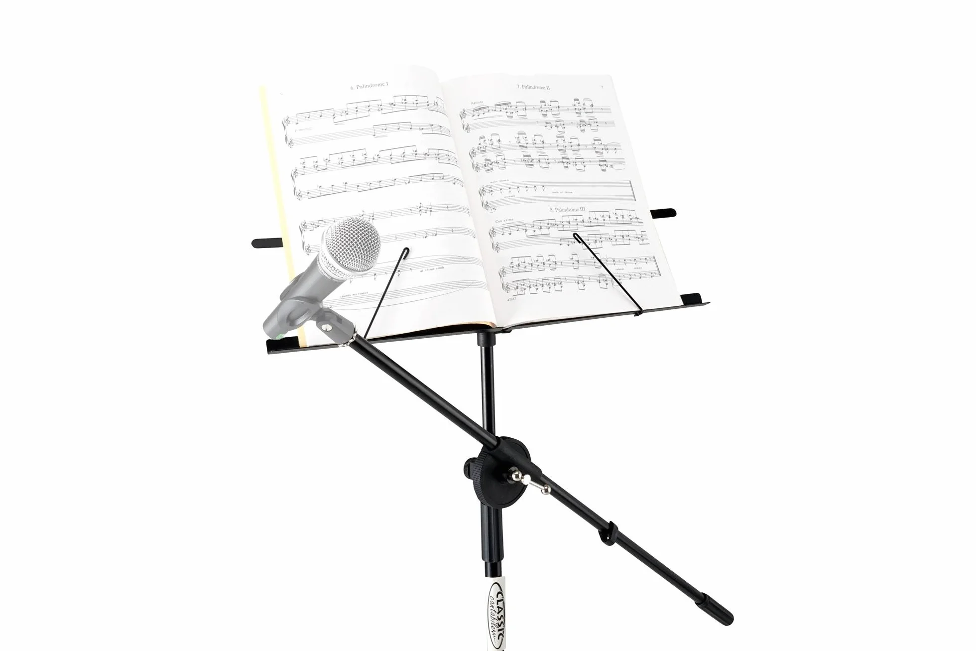 Atril Classic Cantabile NSM-100 con Brazo para Micrófono (Atril y soporte de micrófono en uno, fácil de montar, extra alto) Negro