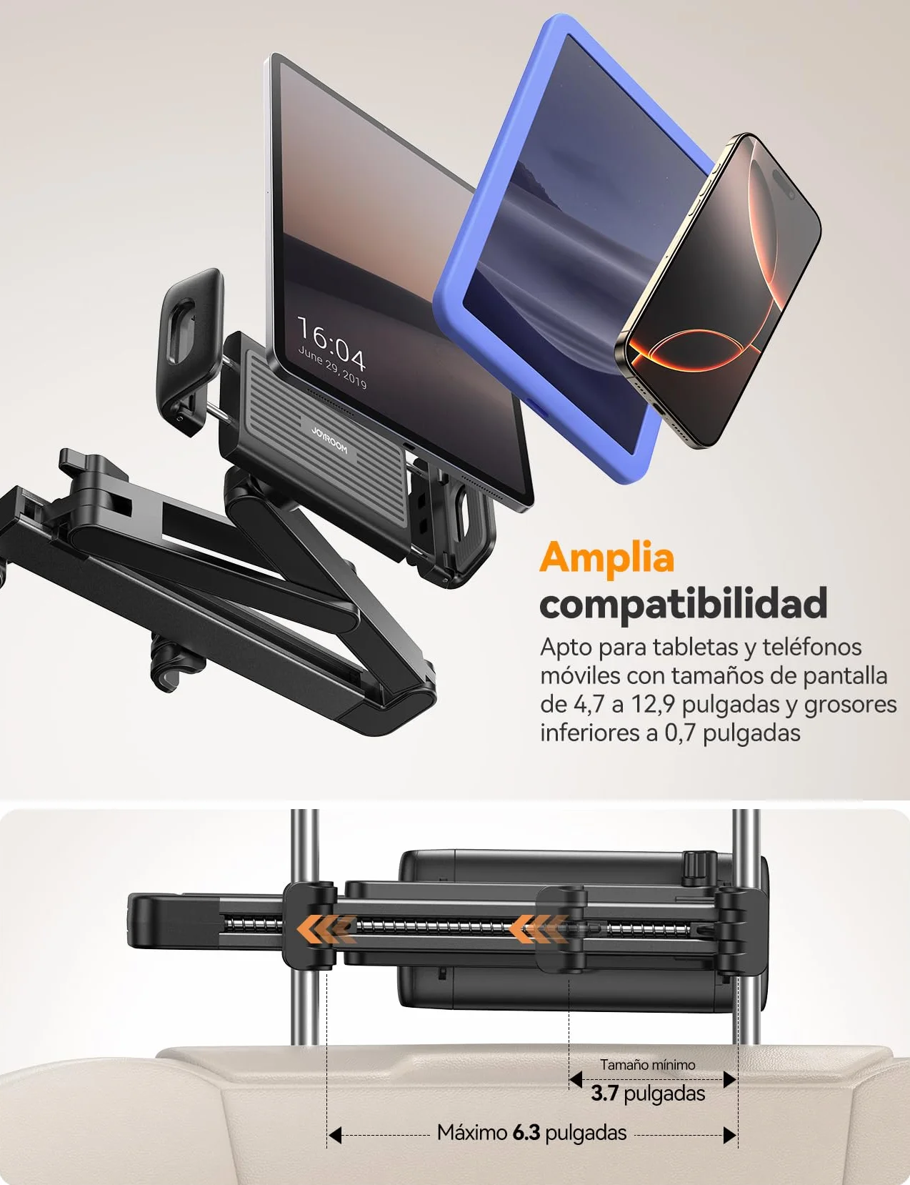 JOYROOM Soporte Tablet Coche [Estructura Triangular Estabilizadora] Porta iPad Carro Asiento Trasero Soporte para Tablet Coche para iPad/Switch/Teléfono Dispositivos con Pantalla 4.7-13