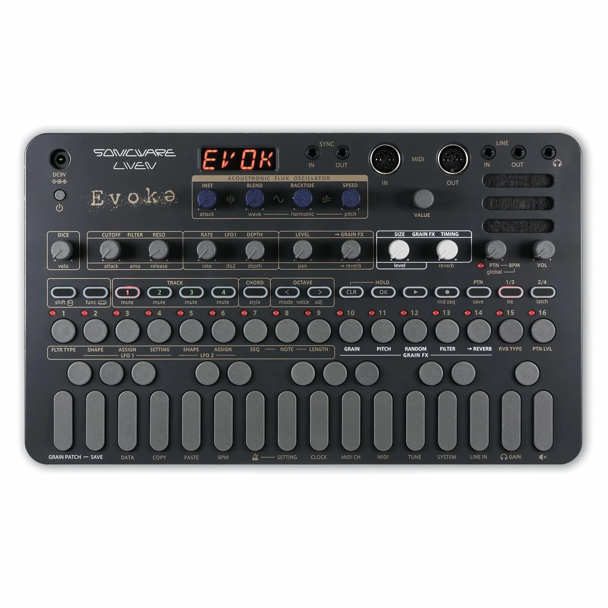 Sonicware Liven Evoke [Sintetizador Acoustronic con efecto granular] - Sintetizador portátil para producción musical ambiental cinematográfica y posclásica, alimentado por batería