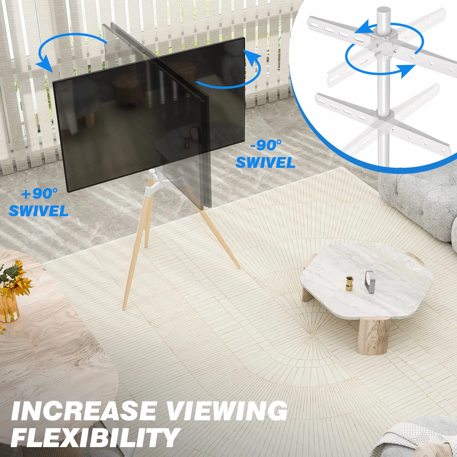 Soporte Television Pie Suelo Trípode - Rfiver Soporte TV Giratorio Madera para 32-65 Pulgadas Televisor - Blanco Alto Altura Ajustable TV Stand con Patas de Madera | MAX Vesa 400 * 400mm 35kg
