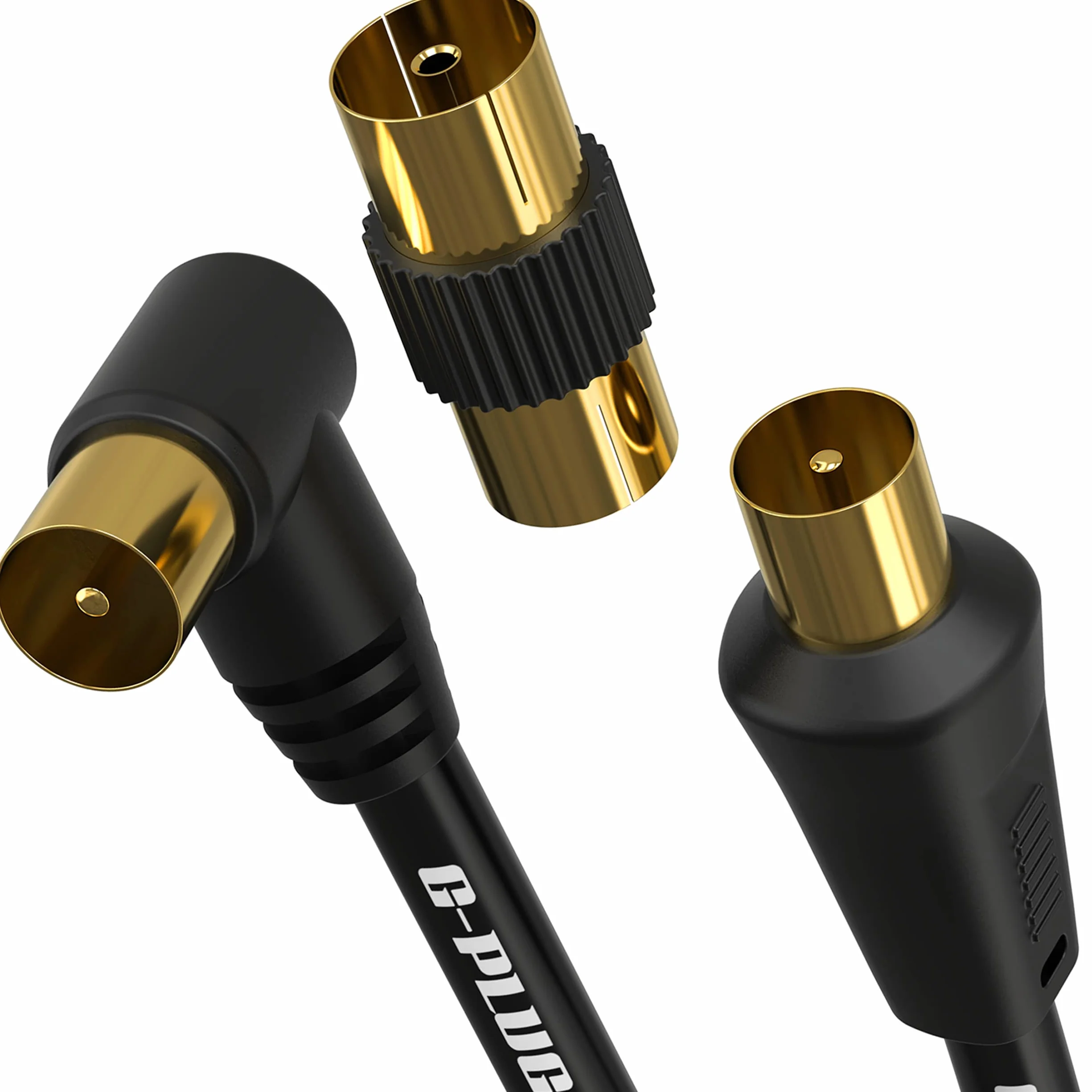 Cable de antena TV G-PLUG 1m coaxial macho-macho chapado en oro con adaptador RF y conector de ángulo recto