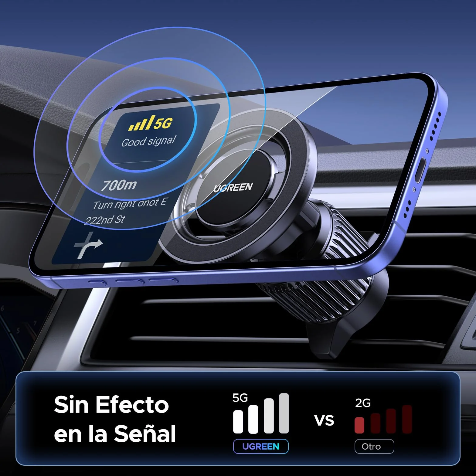 UGREEN Soporte Móvil Coche MagSafe 360° Rotación Compatible iPhone 17 Pro Max Air 16 15 14 Galaxy S25 S24 Negro