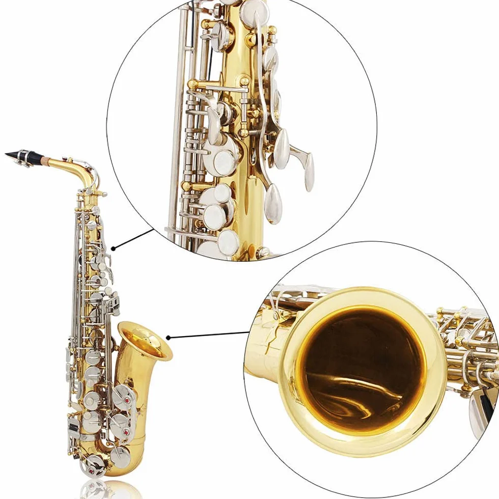 HUIOP LADE Saxofón Alto Saxófono Latón Brillante Grabado Eb E-Flat Botón de Shell Blanco Natural Instrumento de Viento con los Guantes Caso Mute Paño de Limpieza Cepillo de Banda,Saxófono