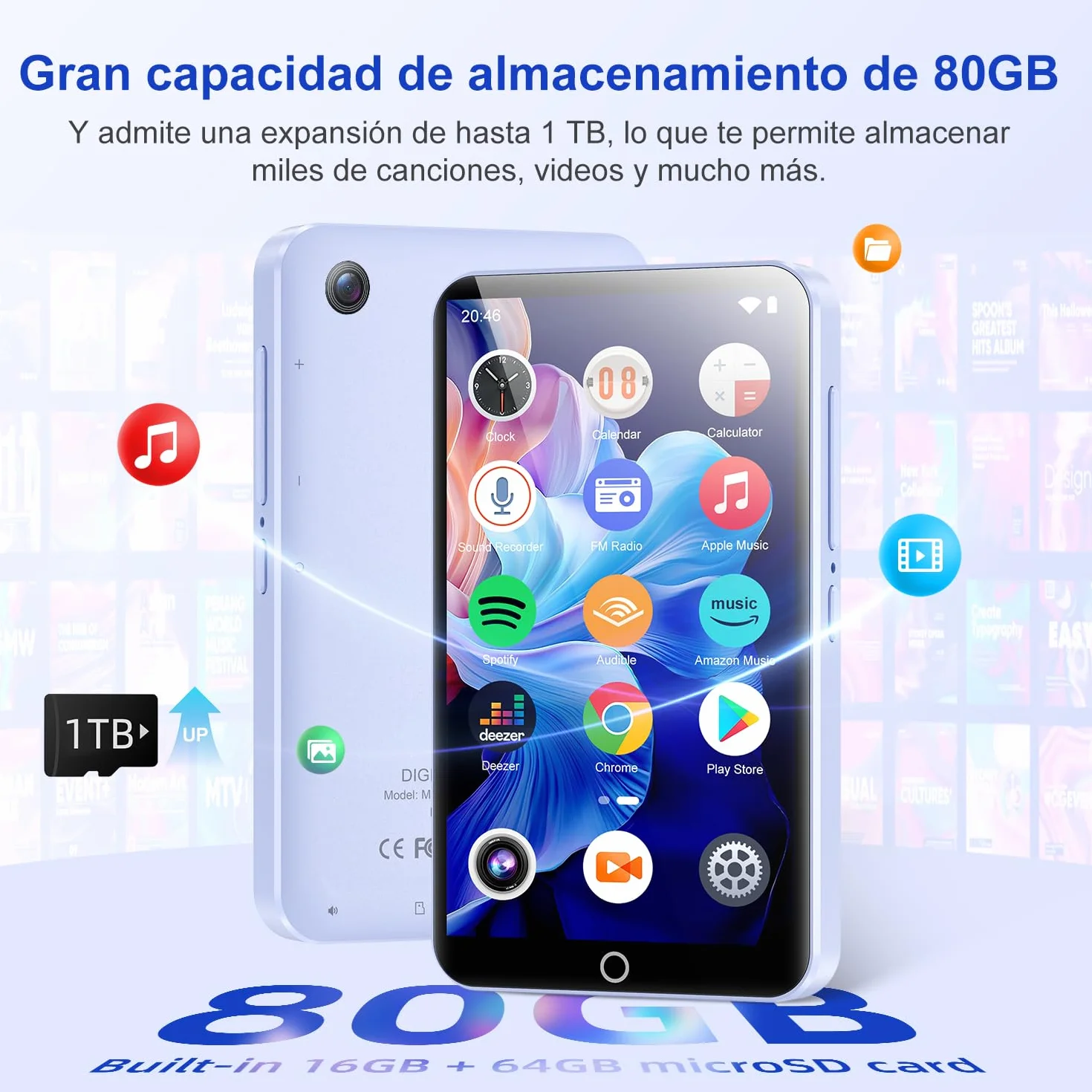 Joliker 80GB Reproductor MP3 Bluetooth WiFi MP4 Pantalla Táctil 4,02" Cámara Android Spotify Amazon Music Audible Radio FM