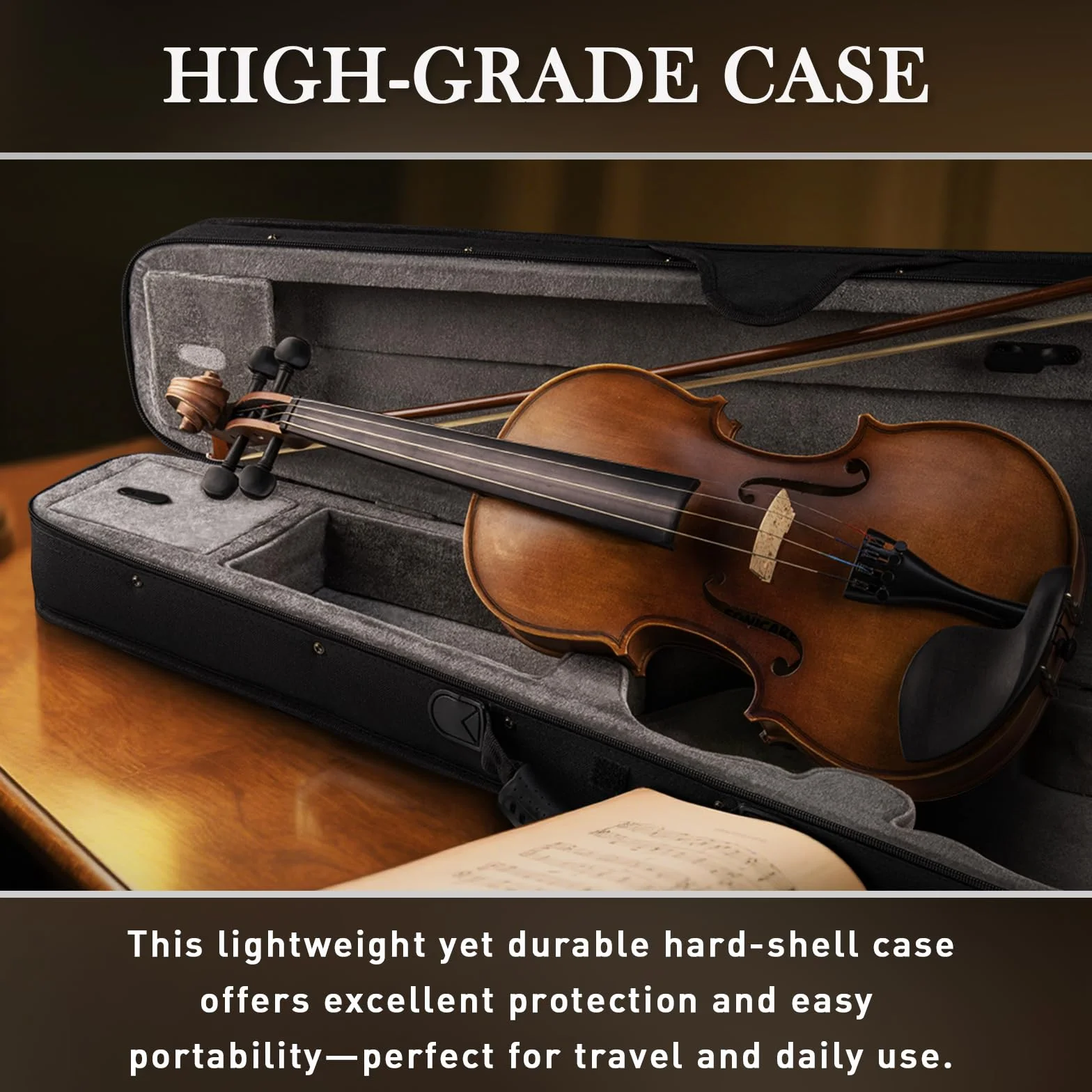 SONICAKE Violín 4/4 de Madera Maciza para Adultos Estuche Rígido, Soporte, Colofonia, Arcos, Afinador de Pinza y Cuerdas Extra QVL-01