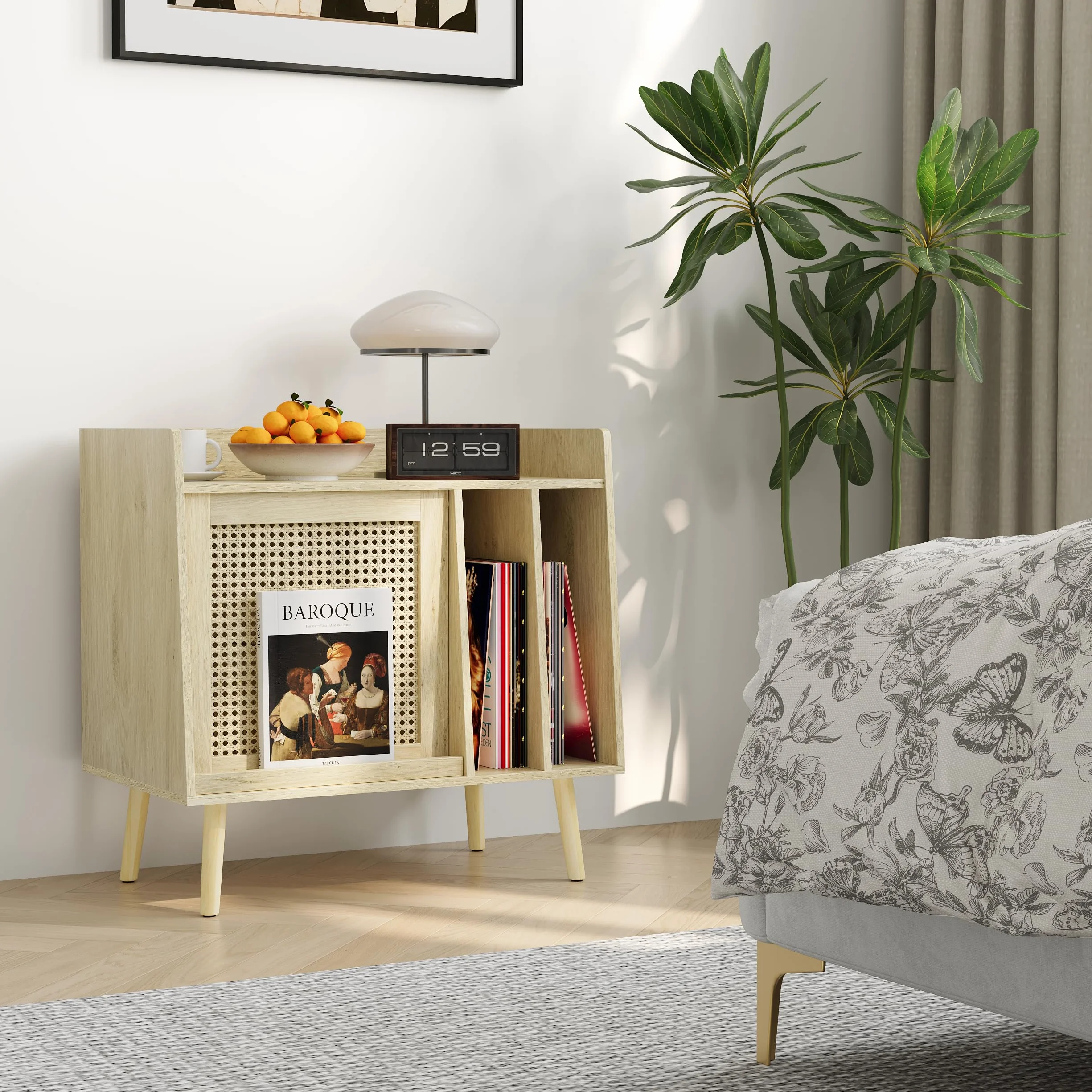 Semiocthome Soporte para tocadiscos con almacenamiento de vinilo, mesa de tocadiscos con puerta de armario de ratán, soporte para discos de vinilo con área de exhibición, mesa auxiliar con patas de