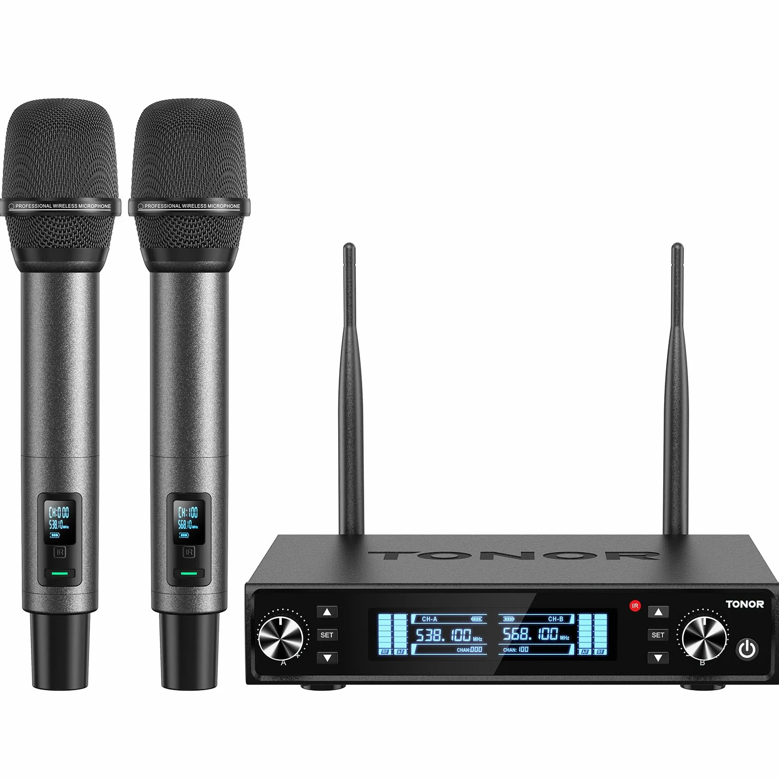 TONOR Sistema de Micrófono Inalámbrico, Micrófono Profesional Recargable, Micrófono Dinámico Inalámbrico de Metal UHF 2x100 para KaraokeIglesia, Canto, Bodas, Reuniones, DJ, Auto Scan, 80 M, TW550