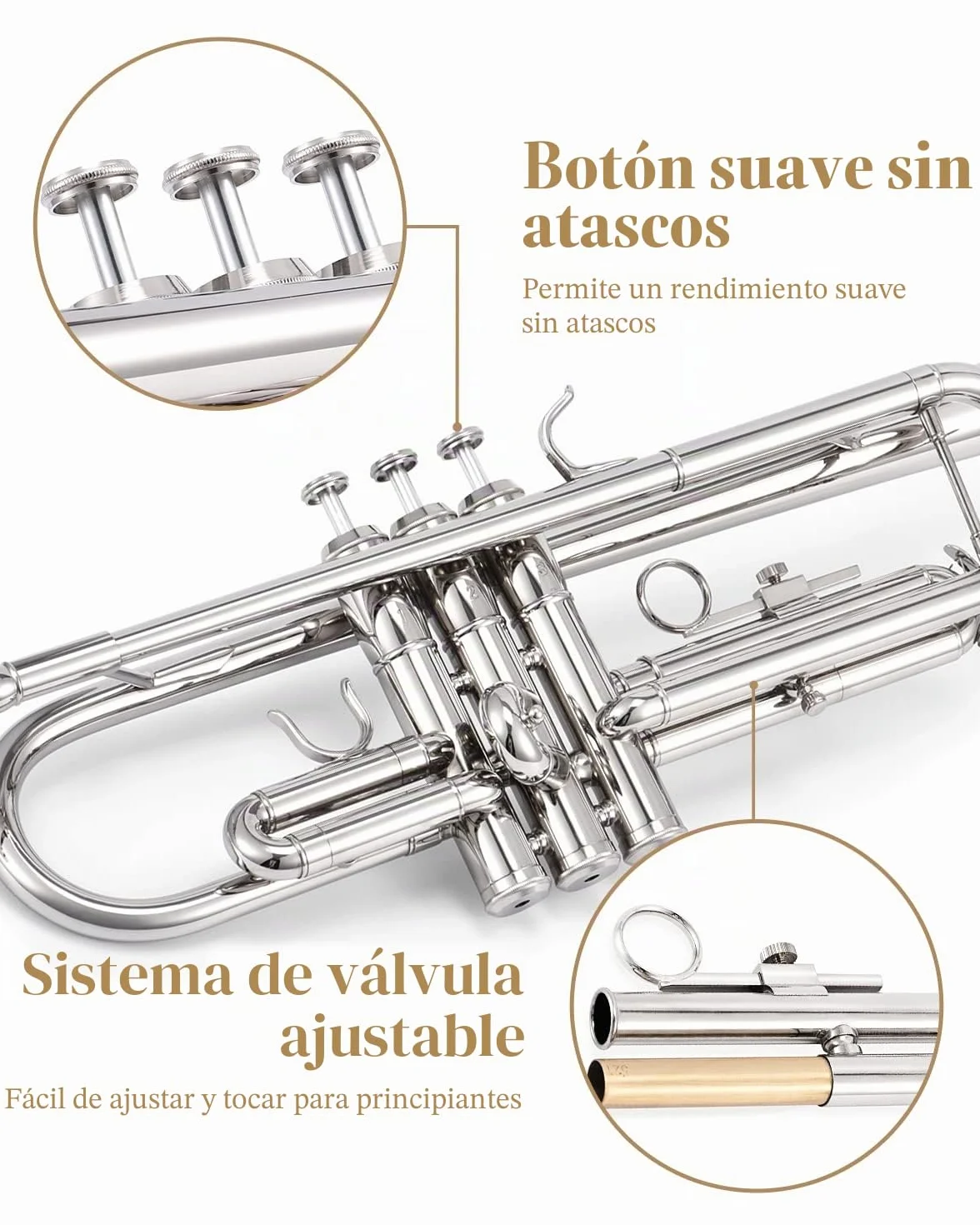 Juego de trompeta Eastar Standard en Sib para principiantes, instrumento de viento metal para estudiantes, con estuche rígido, kit de limpieza, boquilla 7C y guantes, ETR-380N, plateado
