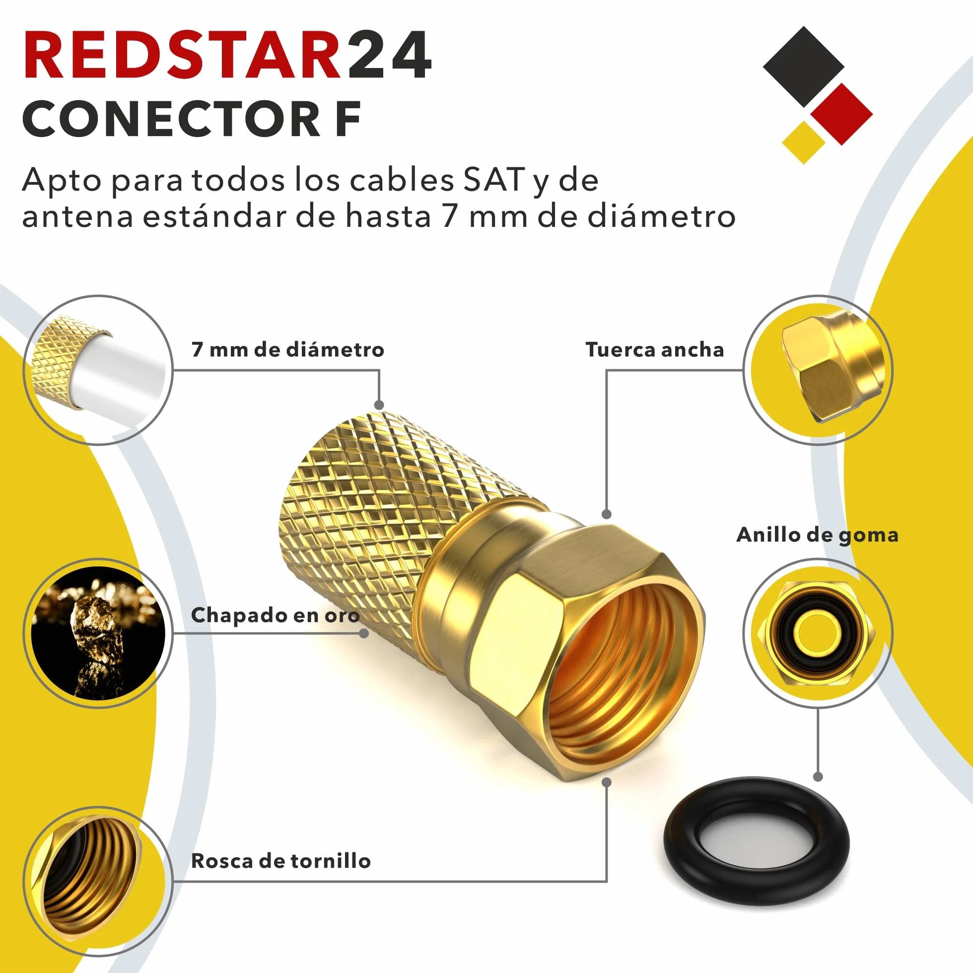 Conector F 7mm atornillable chapado en oro 10 piezas para cable coaxial antena SAT LNB