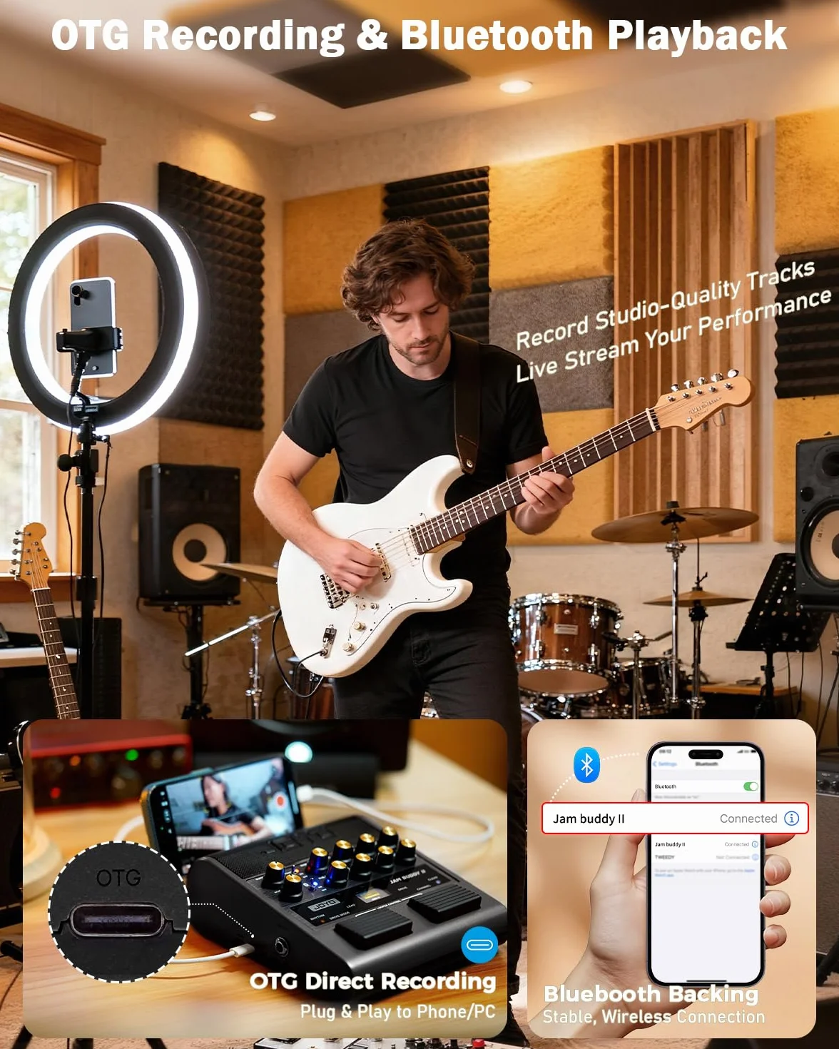 JOYO Amplificador Combo de Guitarra, 10 W, portátil, con pedal de efectos múltiple – 14 modelos de amplificación, ecualizador de 3 bandas, 36 ritmos y looper, grabación OTG, Bluetooth (Jam Buddy II