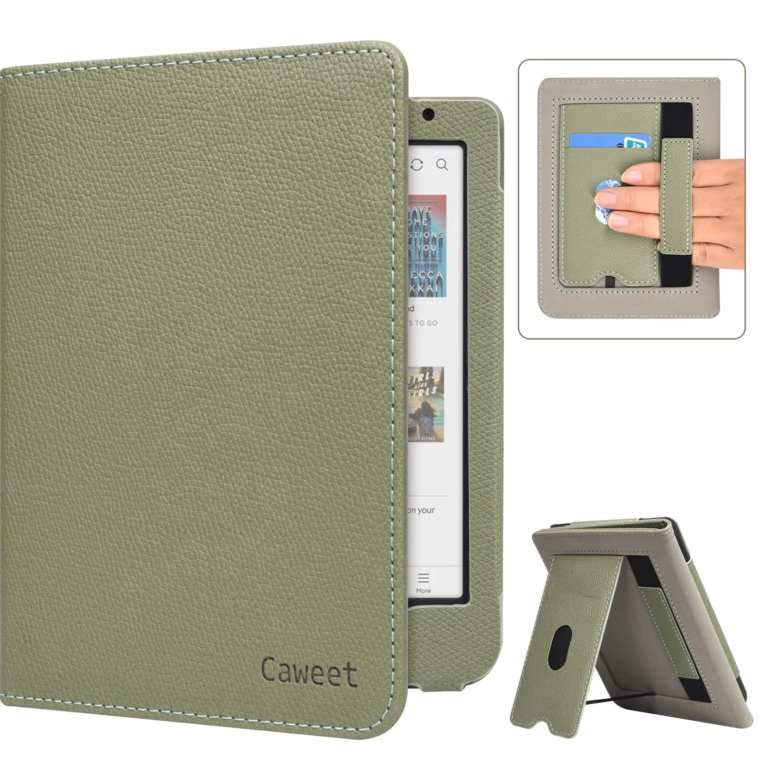 Caweet Funda para Kobo Clara Colour/BW de 6 Pulgadas, Lanzamiento 2024, Cubierta de Soporte Plegable de Piel de PU Premium con Ranura para Tarjeta y Correa para la Mano, Verde