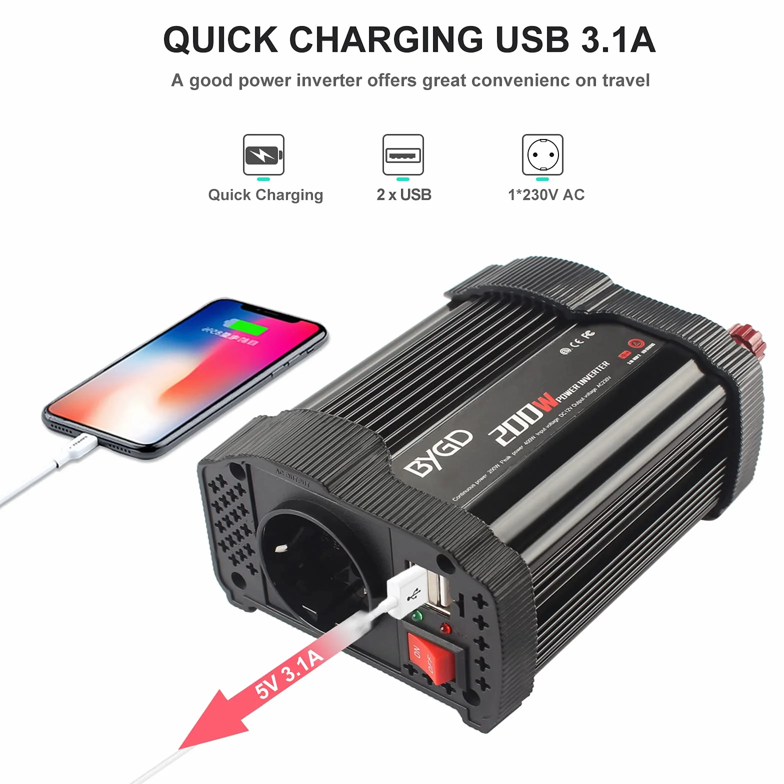 BYGD Inversor de Coche 200W/400W 12V DC a 220V 230V AC, Convertidor con Adaptador de Cargador de Coche Rápido USB Dual 3.1A, para iPad, iPhone, Tablet, Consolas y Cámping