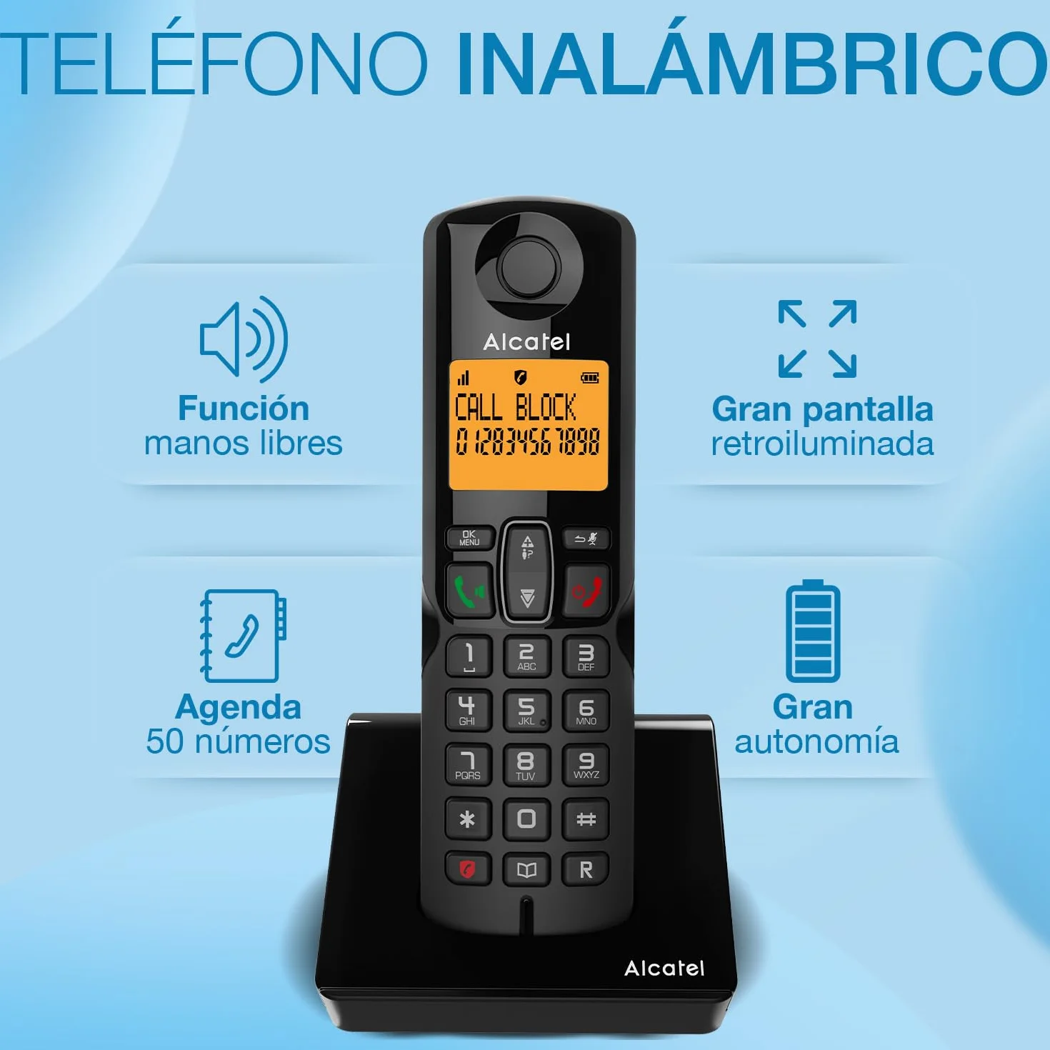 ALCATEL S280 Teléfono inalámbrico DECT Manos Libres Bloqueo de Llamadas Agenda 50 contactos Negro