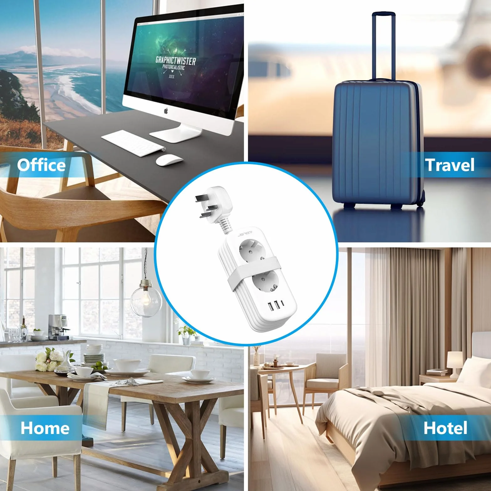 JSVER Adaptador Enchufe UK, Compacto Enchufe de Viaje con 1,5m Cable,Adaptador de Viaje Español a UK Tipo G con USB C para EU a Irlanda, Malasia, Singapur, Hong Kong, Macao-Blanco