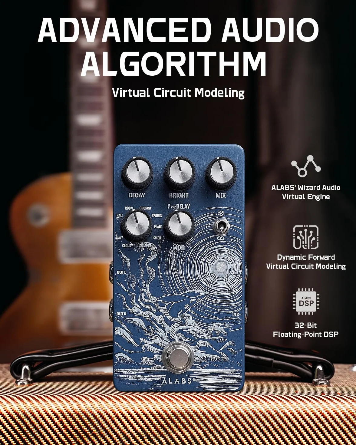 ALABS CETUS - Pedales de reverberación para guitarra eléctrica con 9 efectos, secado analógico, congelación y modulación ajustable
