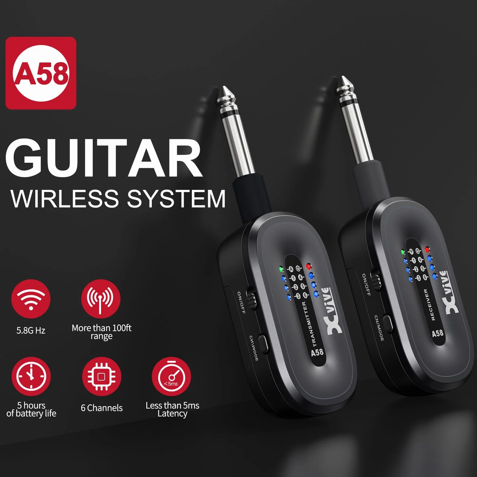 Xvive A58 - Sistema de Guitarra Inalámbrico de 5,8 G con Funda de Transporte