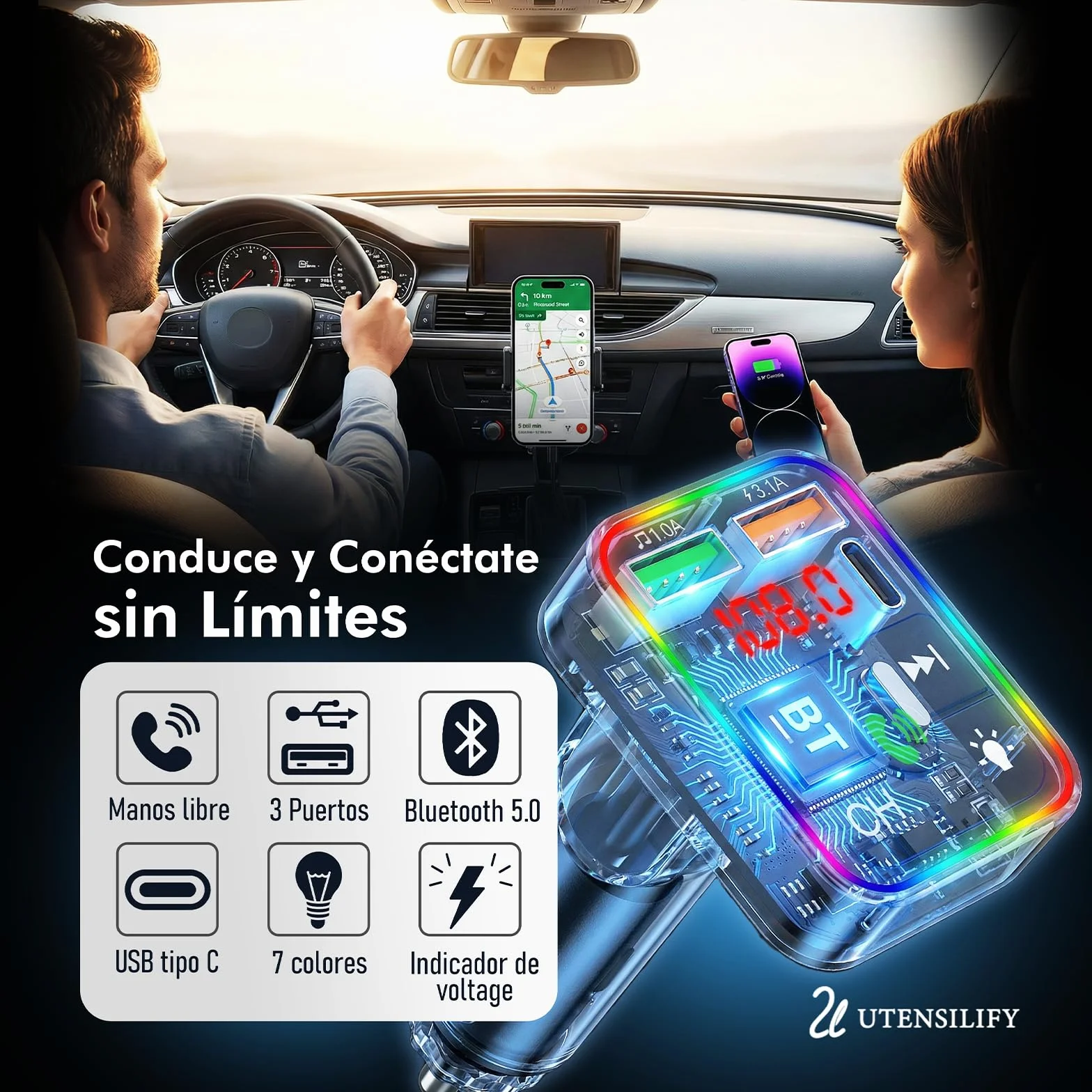 UTENSILIFY® Transmisor FM Bluetooth Coche Premium 5.3 Manos Libres Cargador Rápido