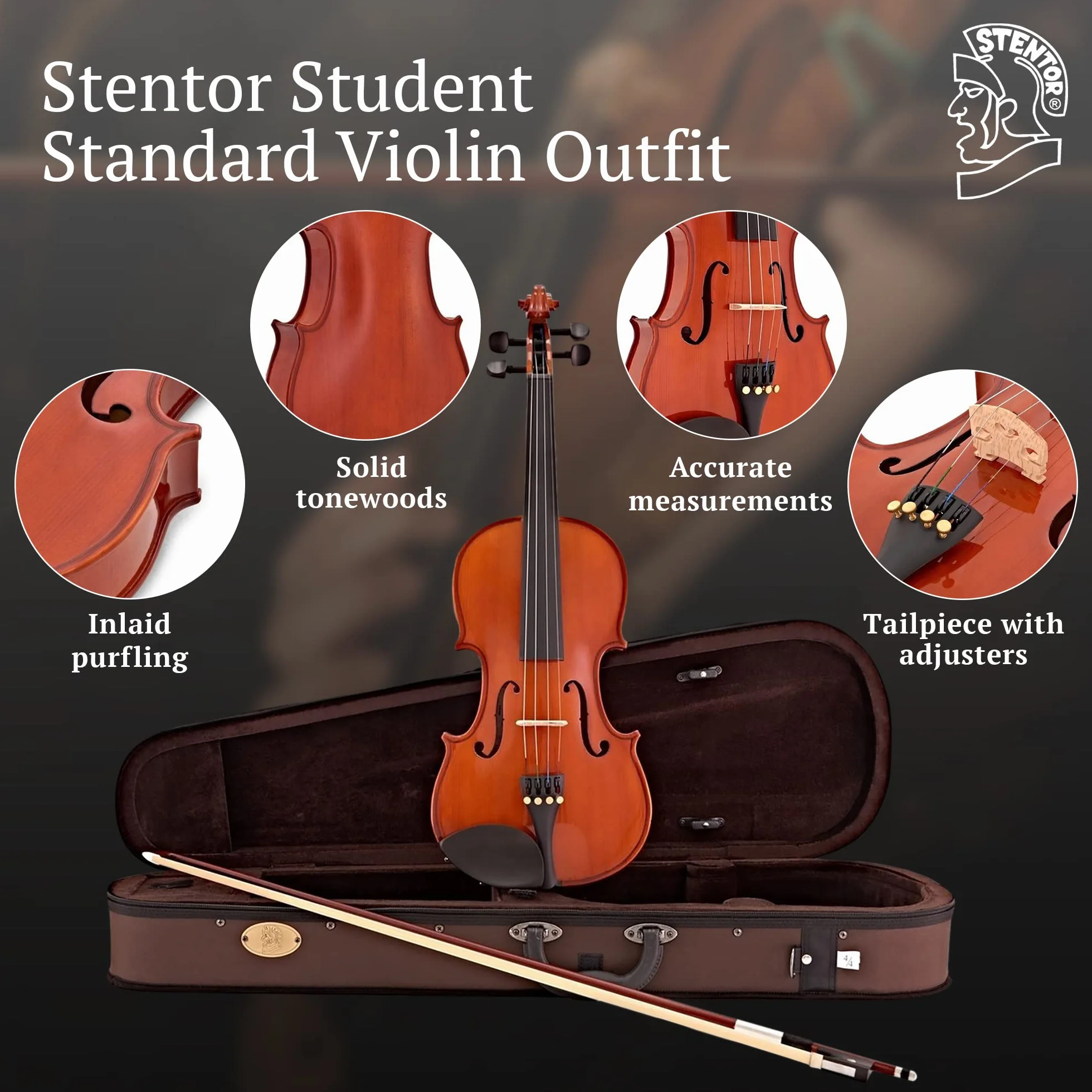 Stentor Violín estándar para estudiantes 4/4 de tamaño completo, violín para principiantes y niños mayores de 12 años con arco de madera y funda de transporte, instrumentos de cuerda de nivel de