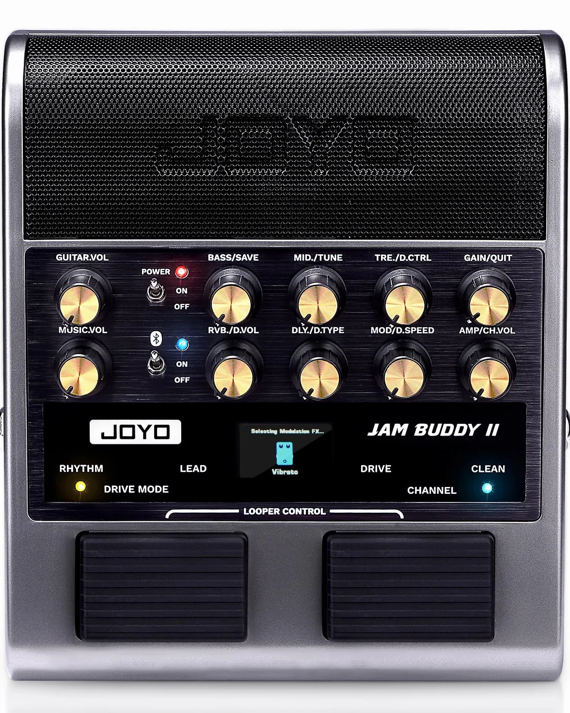 JOYO - Amplificador combinado de guitarra de 10 W portátil con pedal multiefectos – 14 modelos de amplificador, 3 bandas, 36 ritmos & Looper, grabación OTG, Bluetooth (Jam Buddy II, Gris)