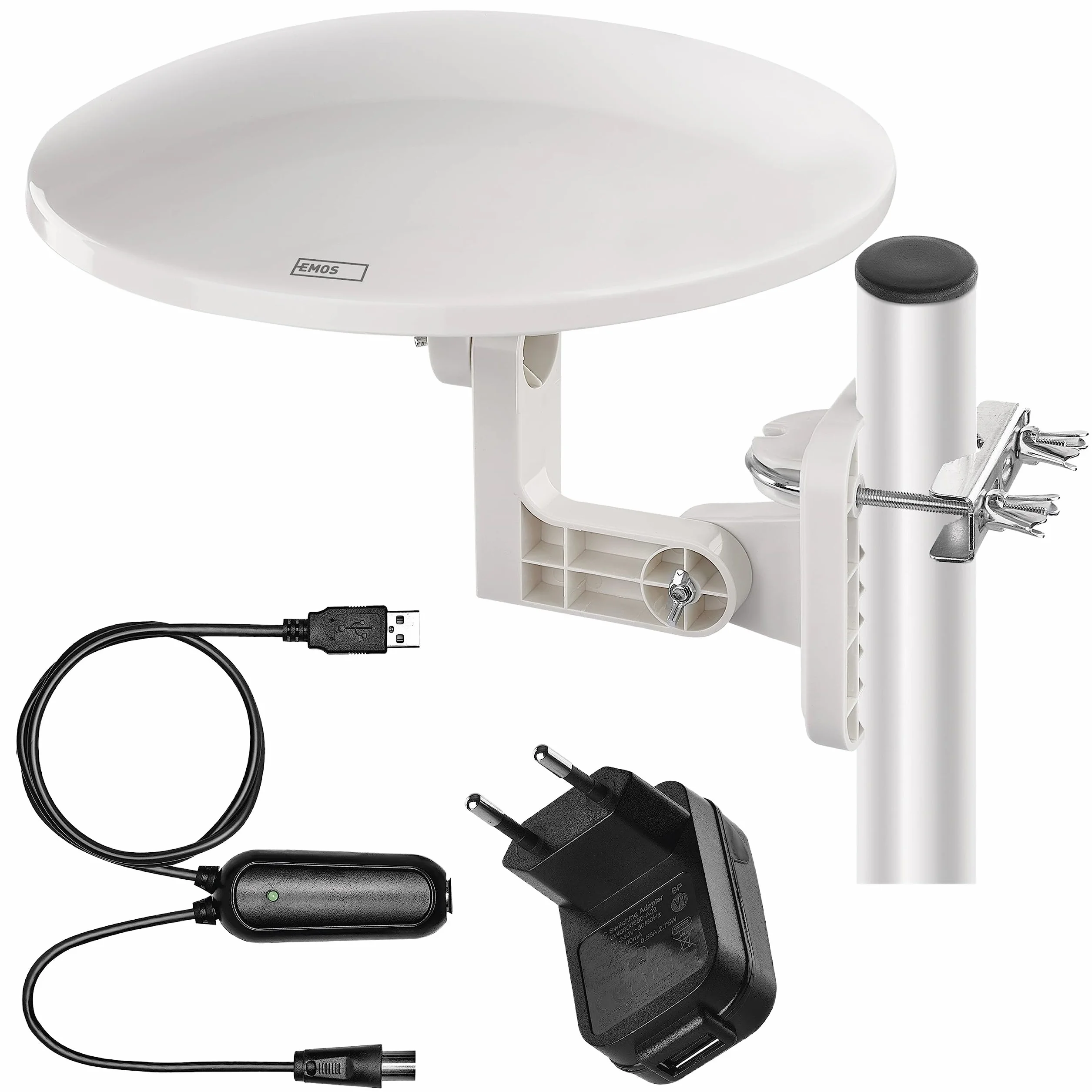 EMOS Antena Digital Activa Village, Exterior, FM/Dab/DVB-T/T2, Amplificador, LTE/4G/5G, Alcance 0–80 km, 360°, Resistente Intemperie/UV