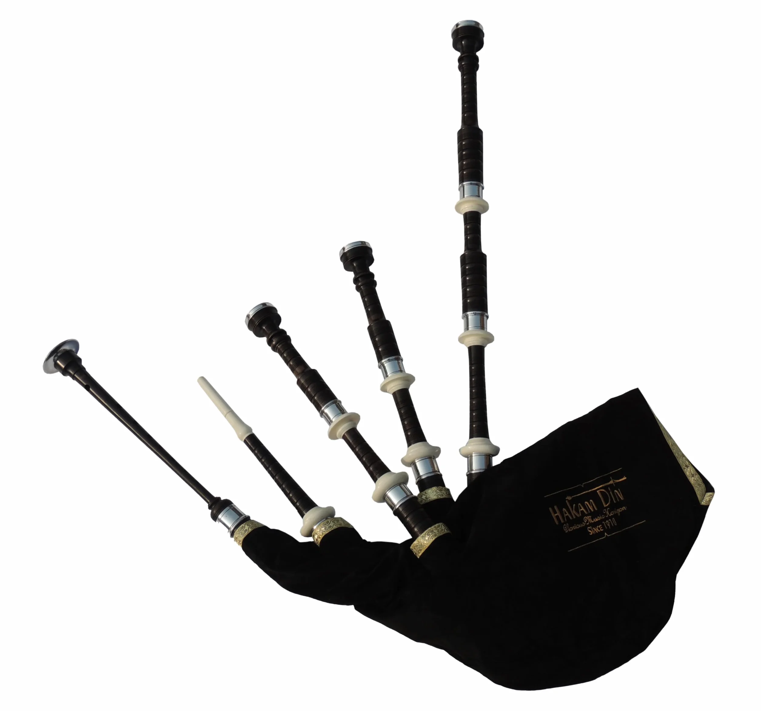 Great Highland Gaitas de Hakam Din - Madera de cocobolo sombreada negra con soportes de marfil de imitación y virolas y toboganes plateados de níquel, cordón de cubierta de terciopelo negro para