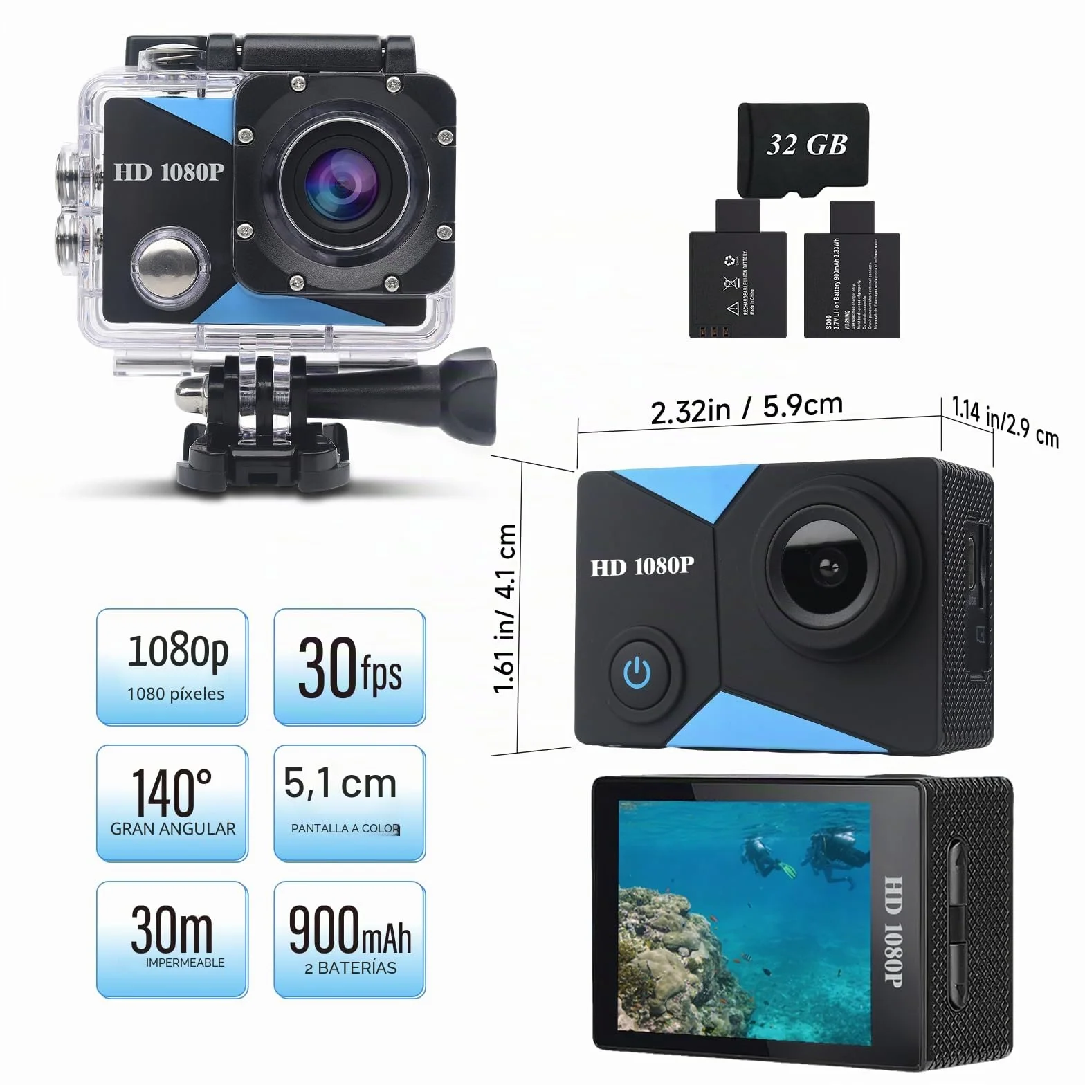 Cámara Deportiva 1080P Avec Carte Mémoire 32GB, 12MP Cámara de acción con Gran Angula Lente, Cámara Subacuática Impermeable 30M/98FT con 2 Baterías y Accesorios Kit para Casco y Bicicleta, etc.