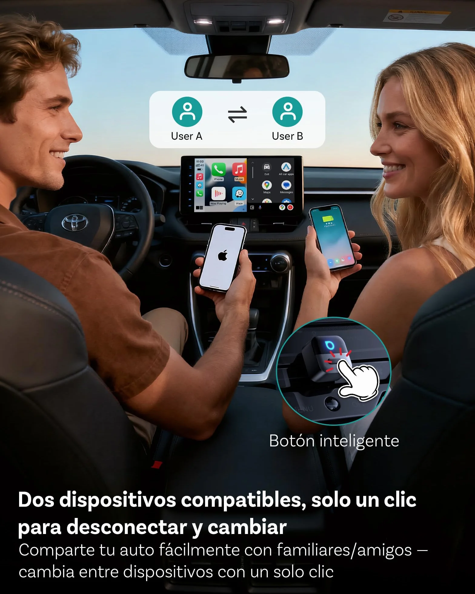 OTTOCAST Mini Pico 2026 Adaptador Inalámbrico CarPlay y Android Auto, Botón Inteligente, 5-8s Conexión Automática, USB-A/C, Actualización OTA, Conexión con Cable a Inalámbrica (iOS 10+/Android 11+)
