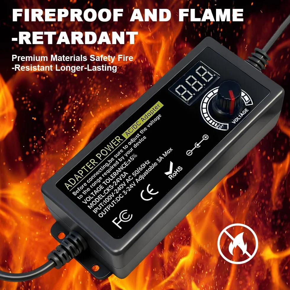 Fuente de Alimentación Universal 3V-24V, Fuente de Alimentacion Regulable 3A 72W, 100-240V AC a DC Adaptador de Corriente Universal con Pantalla Digital y 14 Conectores, Motor CC, 3A Máx