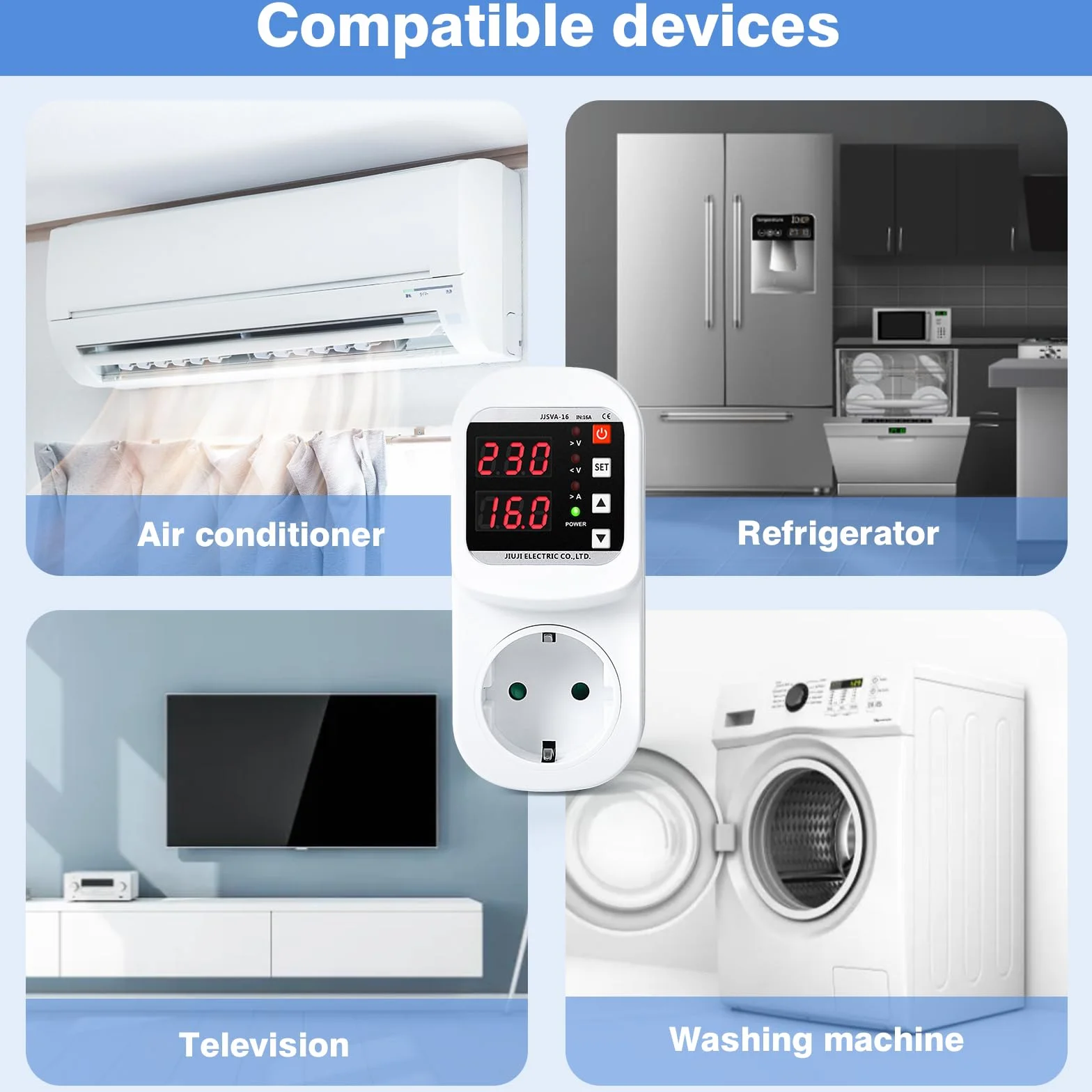 Toma de protección contra sobretensiones y sobretensiones LED ajustable adaptador de toma de protección contra sobretensiones toma de protección contra rayos 220V AC 16A, apagado.