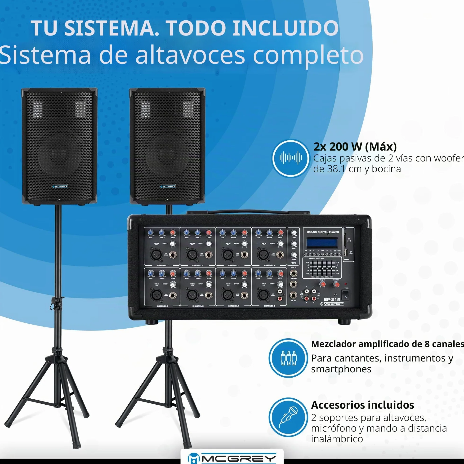 McGrey BP-215 Bandpack PA: Mezclador 8 Canales, Reverb Digital, Bluetooth, USB/SD, Altavoces 2 vías con woofer 15", Incluye micrófono, Soportes, Cables, 150W.