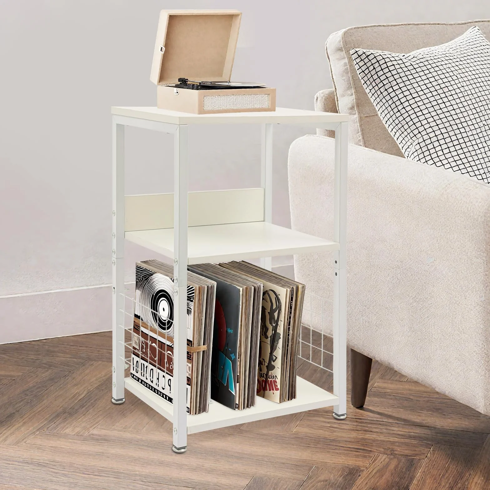 Soporte para discos de vinilo de 3 niveles, moderno con 4 almohadillas para los pies, soporte para tocadiscos con separadores extraíbles, capacidad de carga de 45,36 kg, para guardar