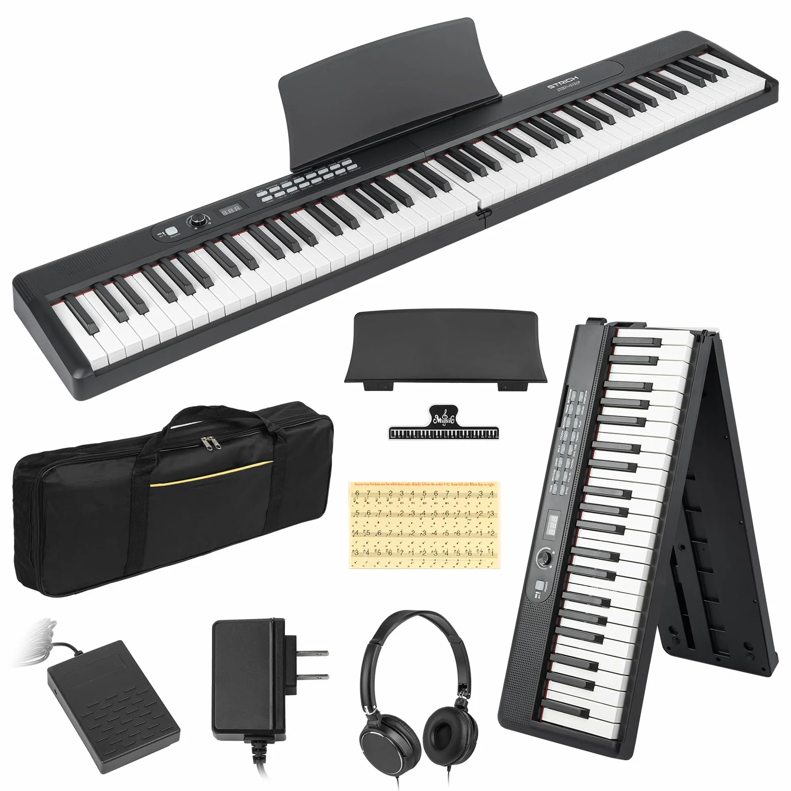 STRICH Piano digital plegable de 88 teclas, teclado eléctrico de tamaño completo con teclas sensibles semipesadas, juego de piano eléctrico portátil para principiantes, paquete con pedal de