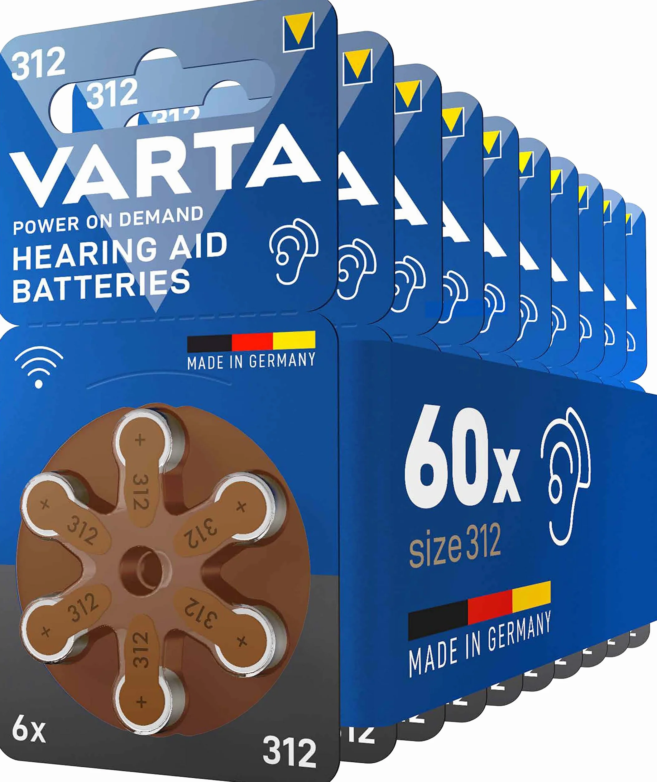 VARTA Pilas para aparatos auditivos tipo 312 marrón, paquete de 60, Power on Demand, Made in Germany