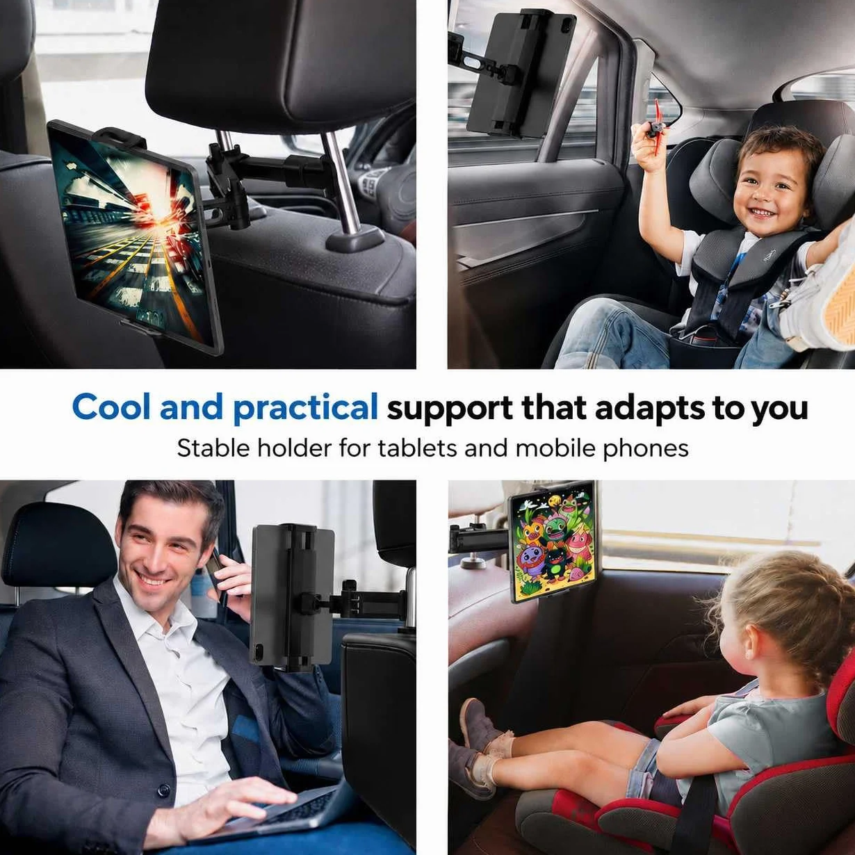 OcioDual Soporte Tablet Coche Reposacabezas, Abrazadera para Reposacabezas, Soporte para Tablet Coche Extensible, Rotación 360º, Sujeta moviles y Tablets Entre 4,4" y 11"