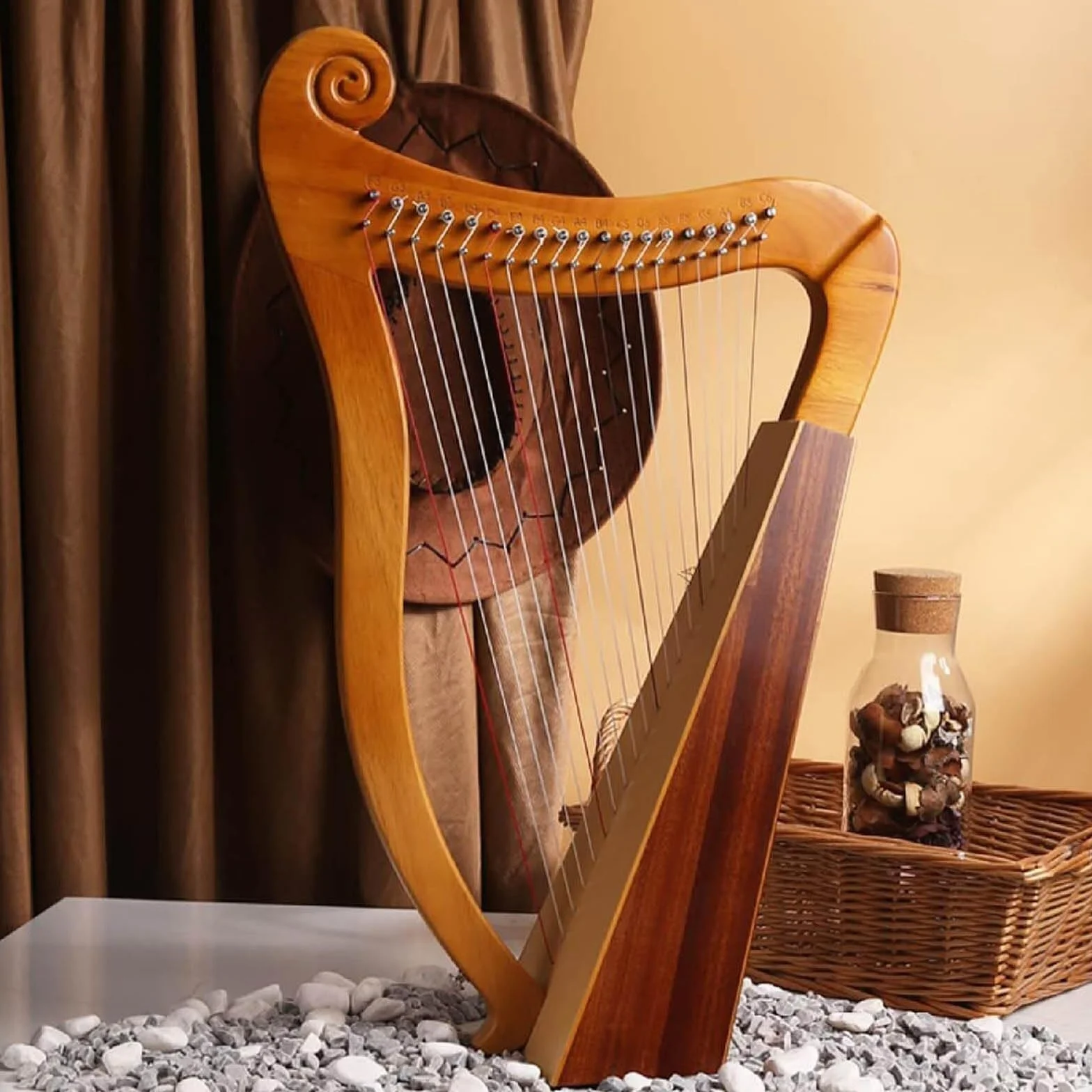 Arpa irlandesa celta, 19 cuerdas, arpa de palanca de madera de caoba, 3 agujeros de sonido, con llave de afinación y bolsa, para resonancia rica, para adultos, principiantes y músicos profesionales