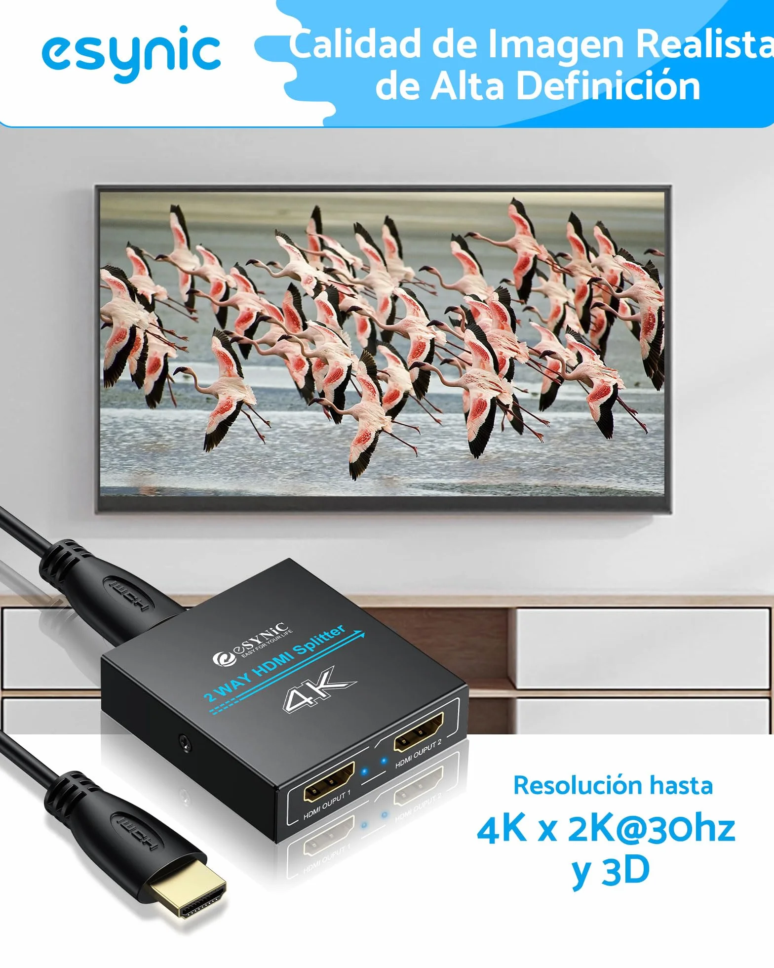 eSynic HDMI Splitter 4K/30HZ HDMI Amplificador 1 Entrada y 2 Salidas con Cable HDMI de 1 m y Cable USB-C HDCP 1.4 Soporta 4K& Full HD para HDTV PS4 Reproductor de BLU-Ray Laptop etc