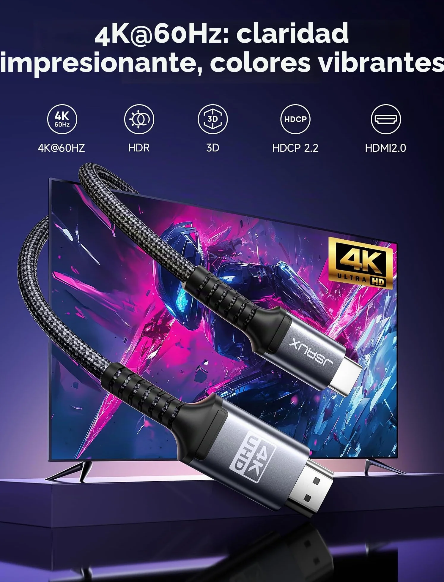 JSAUX Cable USB C a HDMI 2 Metros, Tipo C a HDMI 4K@60Hz compatible con 4K@30Hz para Thunderbolt 3, iPhone 17/16 Pro, MacBook Pro/Air, iPad Pro, Galaxy S25/S24/S10/S9, Surface Book -Gris