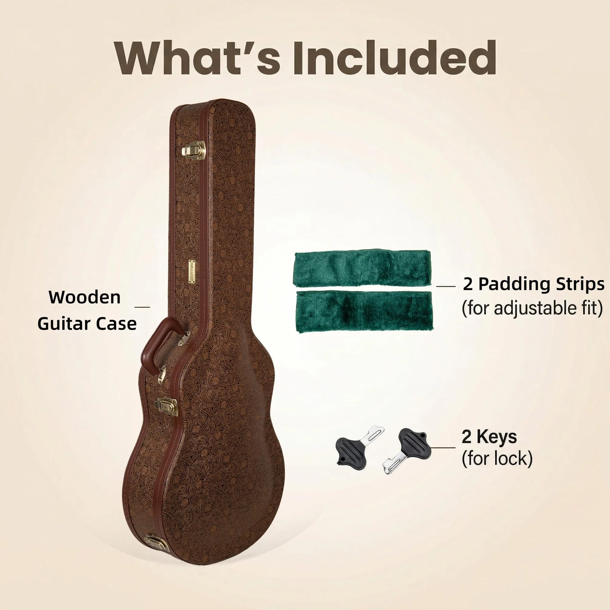 Crossrock Designer Series - Funda universal de madera para guitarra clásica 4/4, cerradura de seguridad, patas de metal, espacio de almacenamiento, marrón flor (CRW530CBQ), Marrón flor, 4/4 Classical,