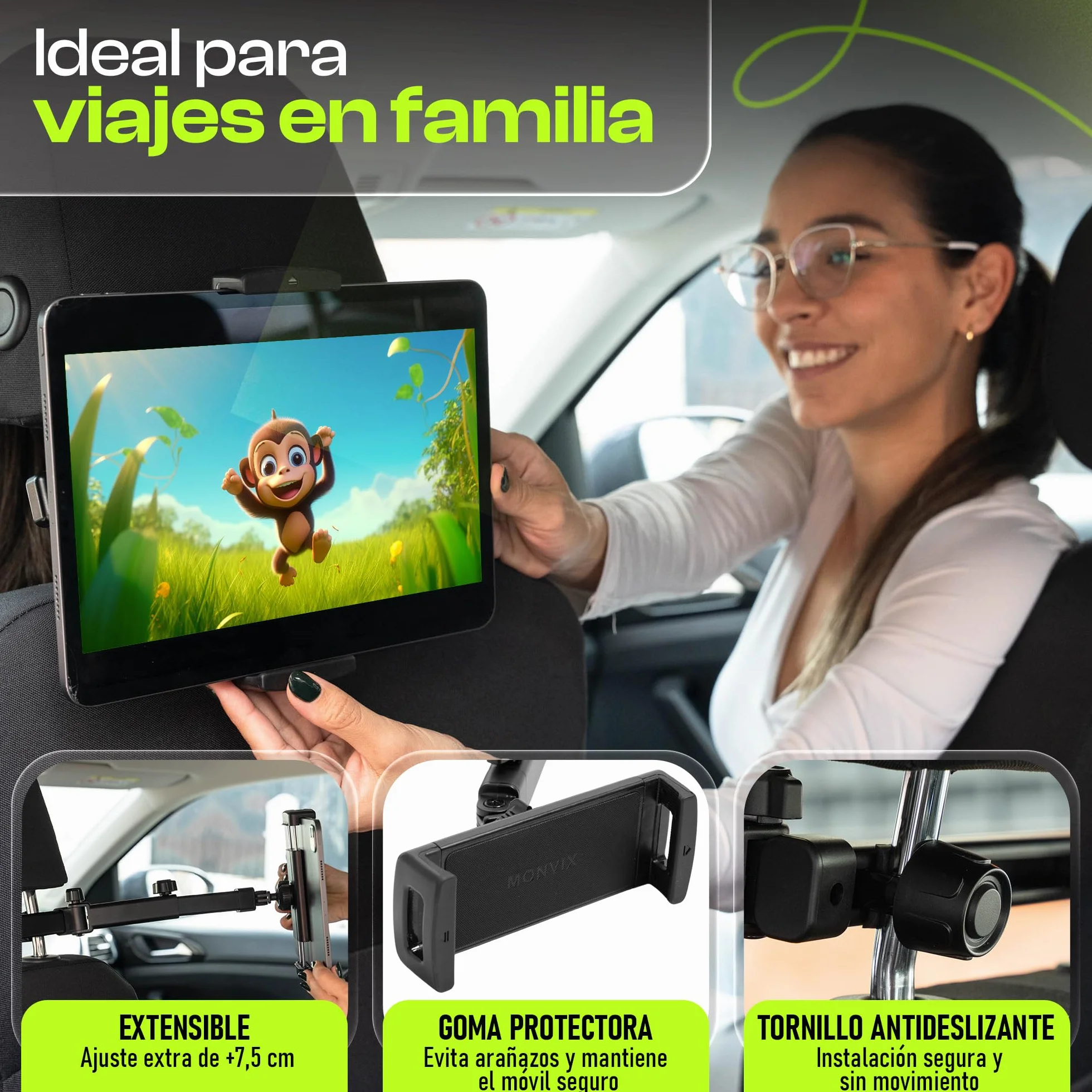 Soporte Tablet Coche Reposacabezas - Soporte iPad para Asiento Trasero - Cable 1,2 m Incluido – Brazo Extensible Antivibración 360º – Compatible 4,7″–13″ (Tablet, iPad, Movil)