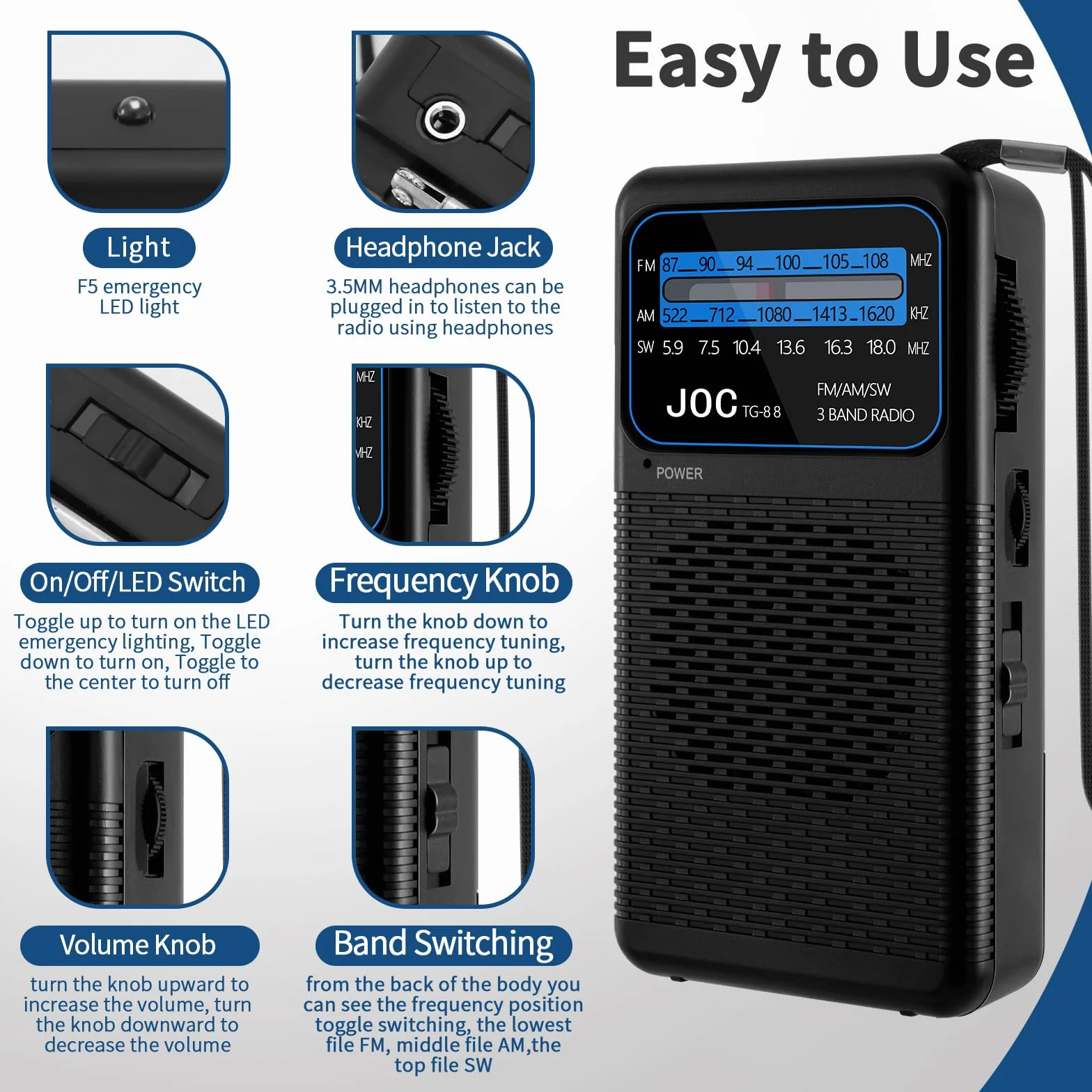 Radio Portatil Pequeña, Radios Am/FM Reproductor con práctico mosquetón, se Conecta a los Auriculares, Versátil, Negro