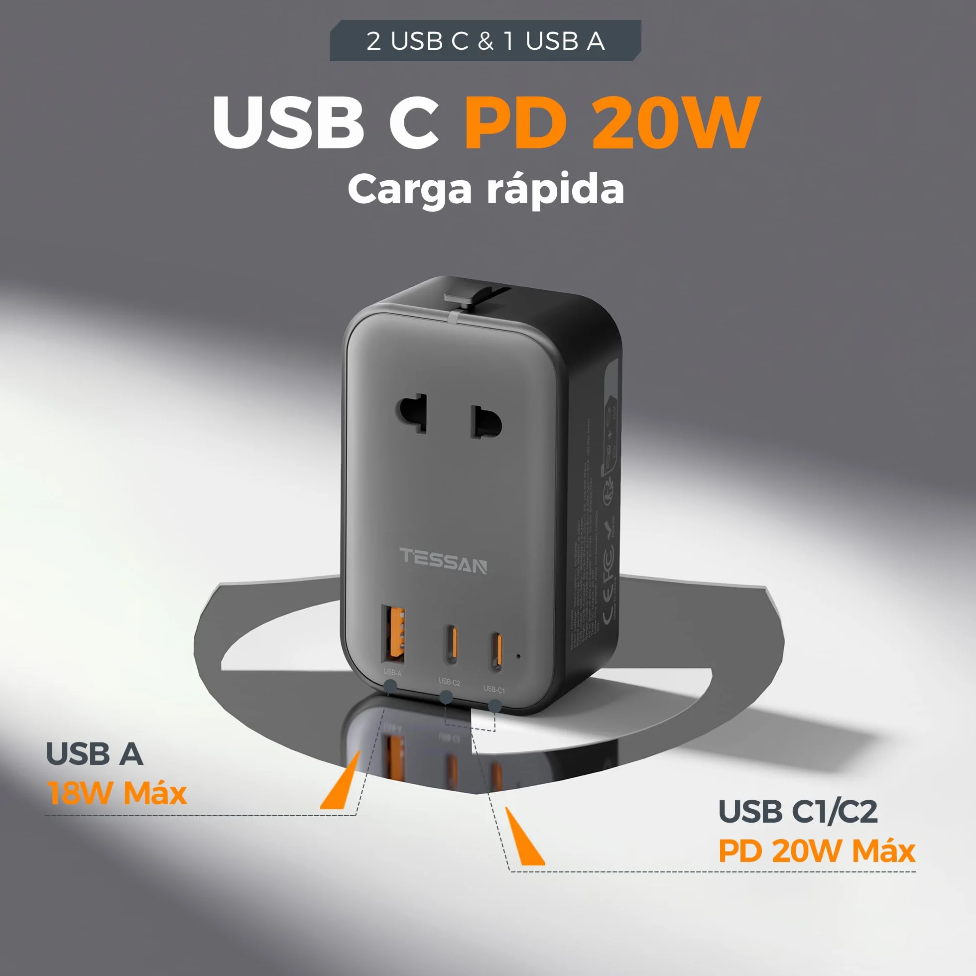 TESSAN Adaptador Enchufe Universal, Enchufe Universal Viaje Plano con 1 USB y 2 USB C, Adaptador de Viaje para USA, UK, Austuralia