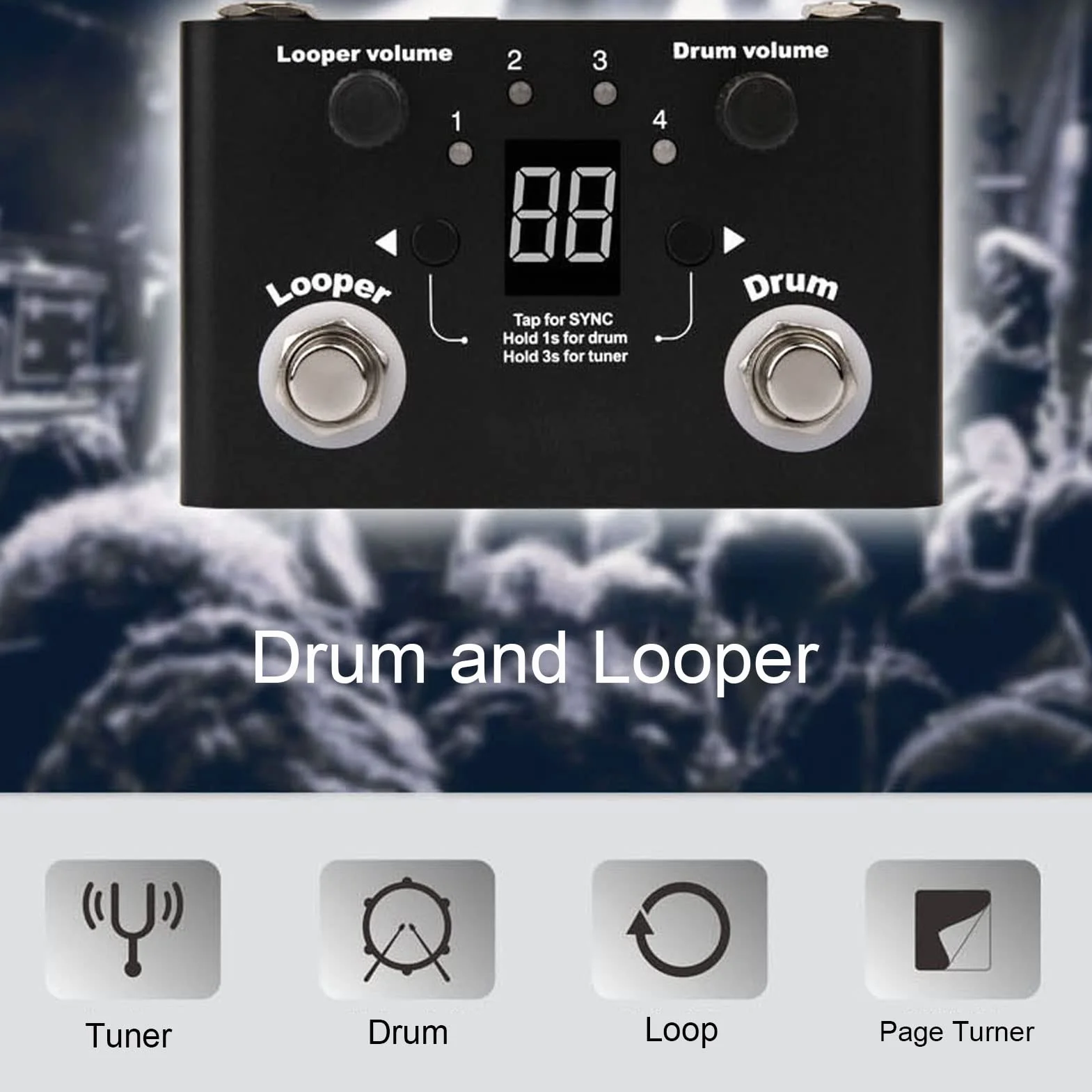 Drum Looper Pedal Professional Metal 4 Ubicaciones de Almacenamiento 11 Minutos Tiempo de Grabación con Sintonizador Incorporado para Guitarristas y Músicos Negros