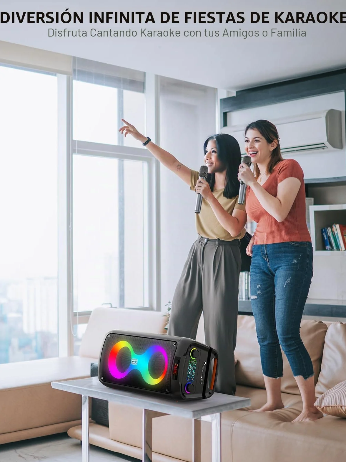 Máquina de Karaoke para Adultos, Altavoz Bluetooth Portátil con 2 Micrófonos inalámbricos, Sistema PA con Iuces de Discoteca para Fiestas Grandes, al Aire Libre, soporta USB/TF/Rec/AUX