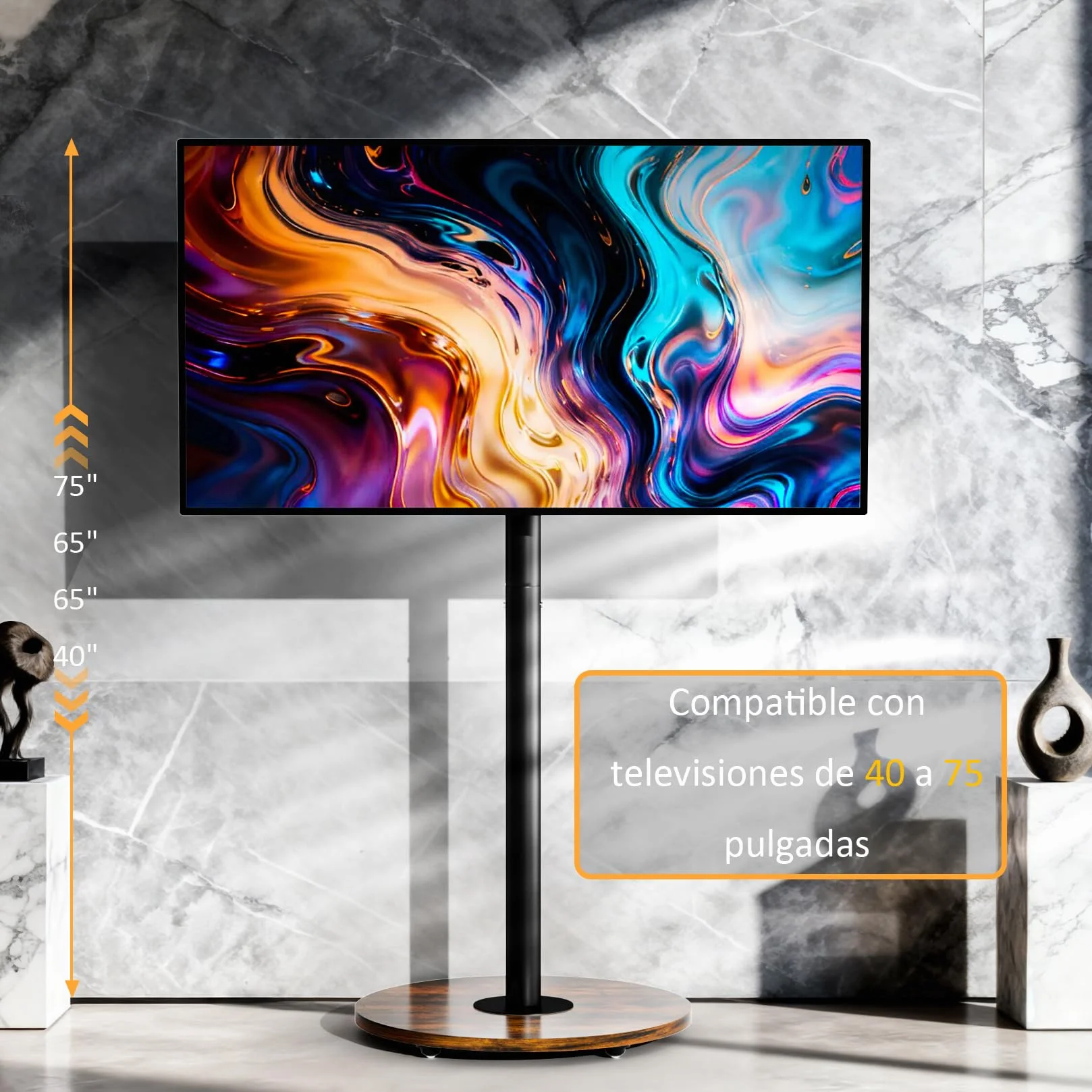 UNHO Soporte TV con Ruedas para 40-75 Pulgadas, Pie de Suelo LED/LCD, Ajuste Altura, 50kg, VESA 600x400 mm, Negro