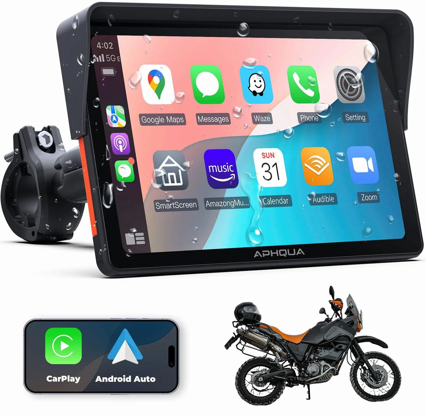 CarPlay Moto Soporte Forma U 7" Pantalla Táctil Impermeable Bluetooth GPS Navegación Android Auto Inalámbrico
