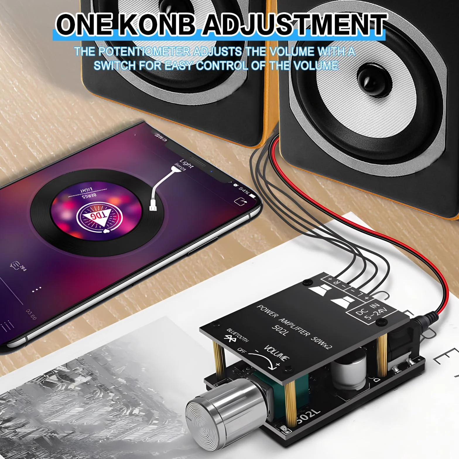 FAELNK Placa Amplificador Bluetooth 2x50W Mini Amplificador Audio Bluetooth DC 8-24V con Interruptor y Volumen Ajustable
