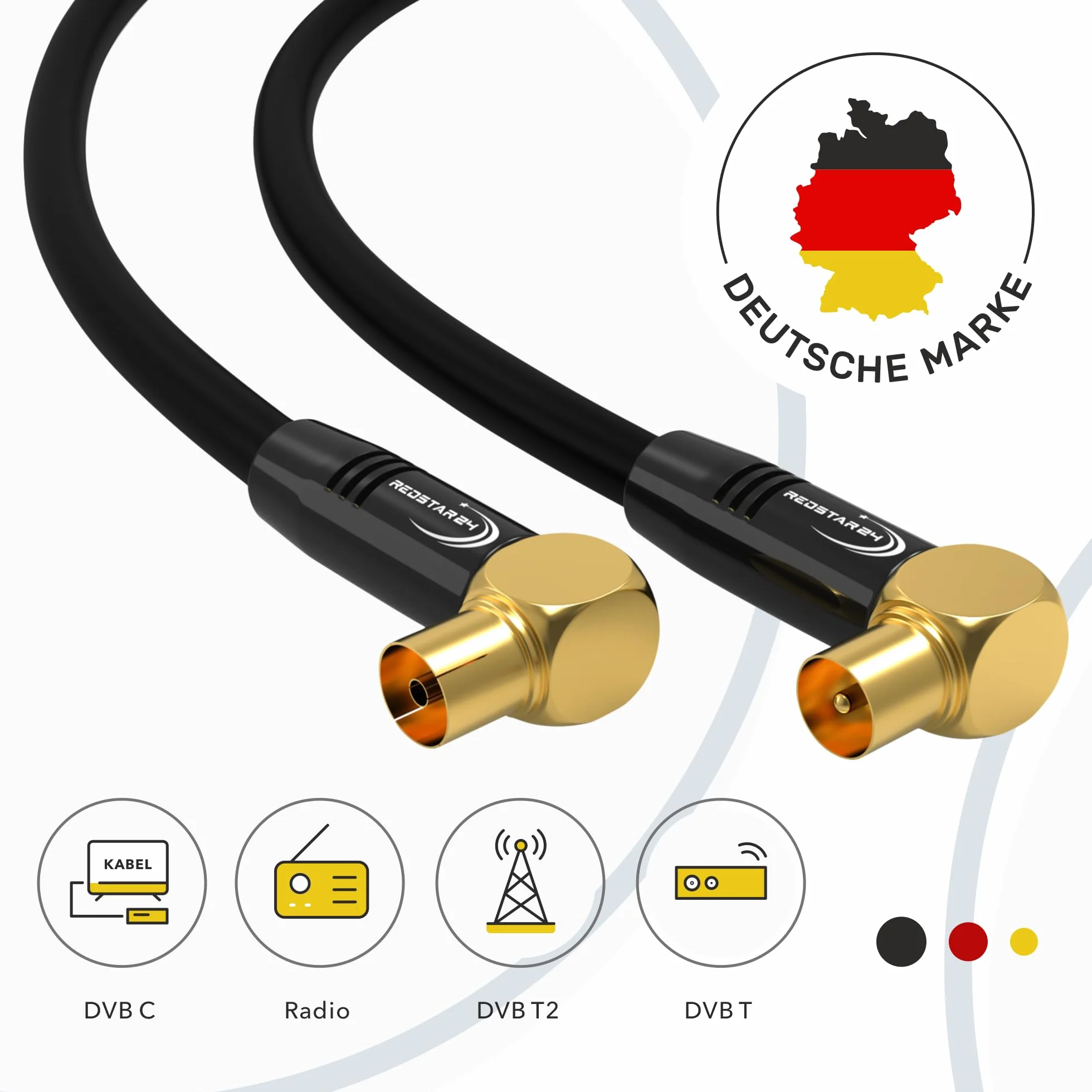 RedStar24 Cable de antena 5m Negro – 90° Ángulo Coaxial | Macho a Hembra – Cable Coaxial HDTV Premium para Televisión por Cable | Cable de TV: Compatible con TV, Radio, DVB-T/T2, DVB-C, DAB