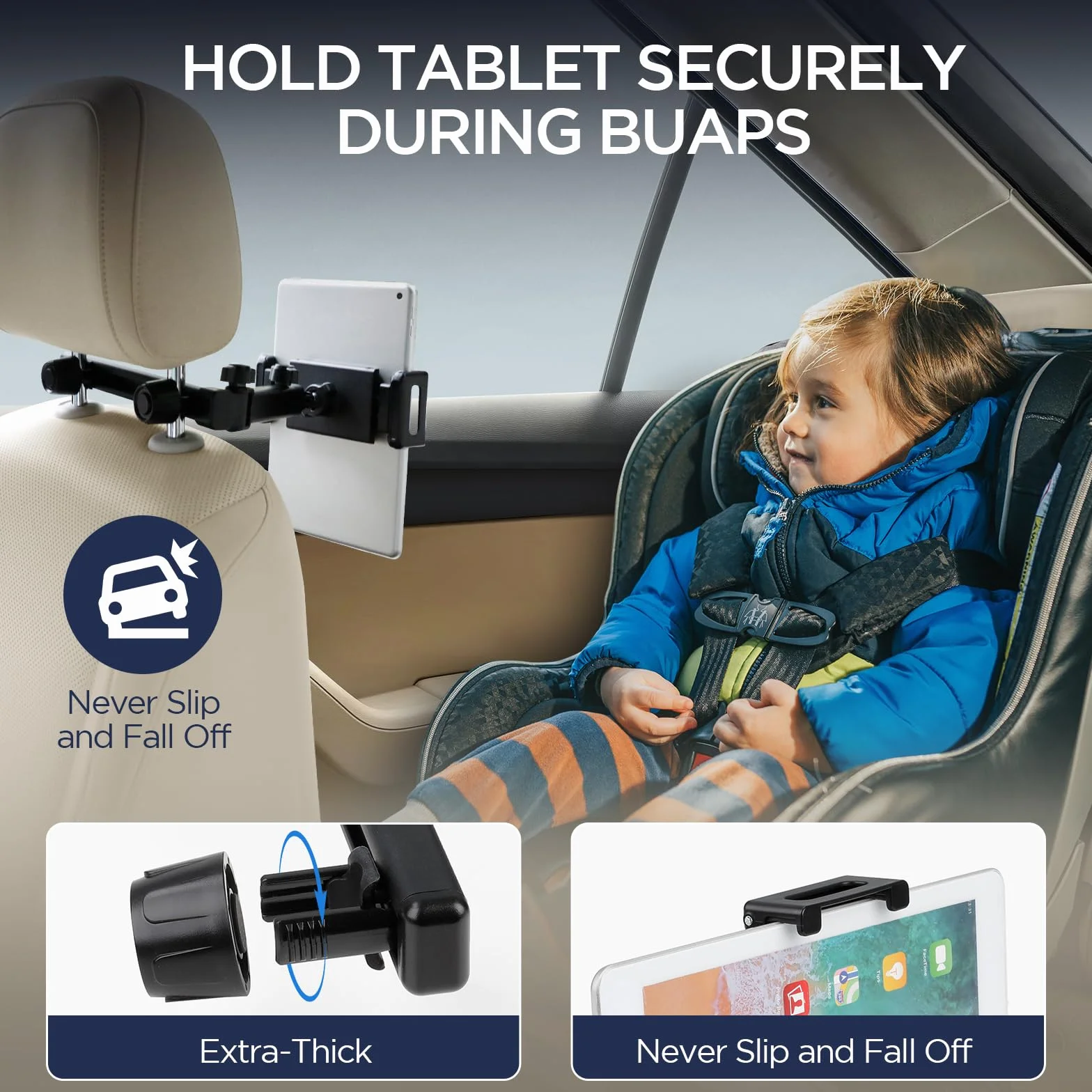Romon Soporte Tablet Coche, Soportes Coches Reposacabezas Support Extensible Automóvil 360° Rotación para Tablets Niños Asiento Trasero Esenciales para Tablet Móvil Otros Dispositivos de 4.7-13"