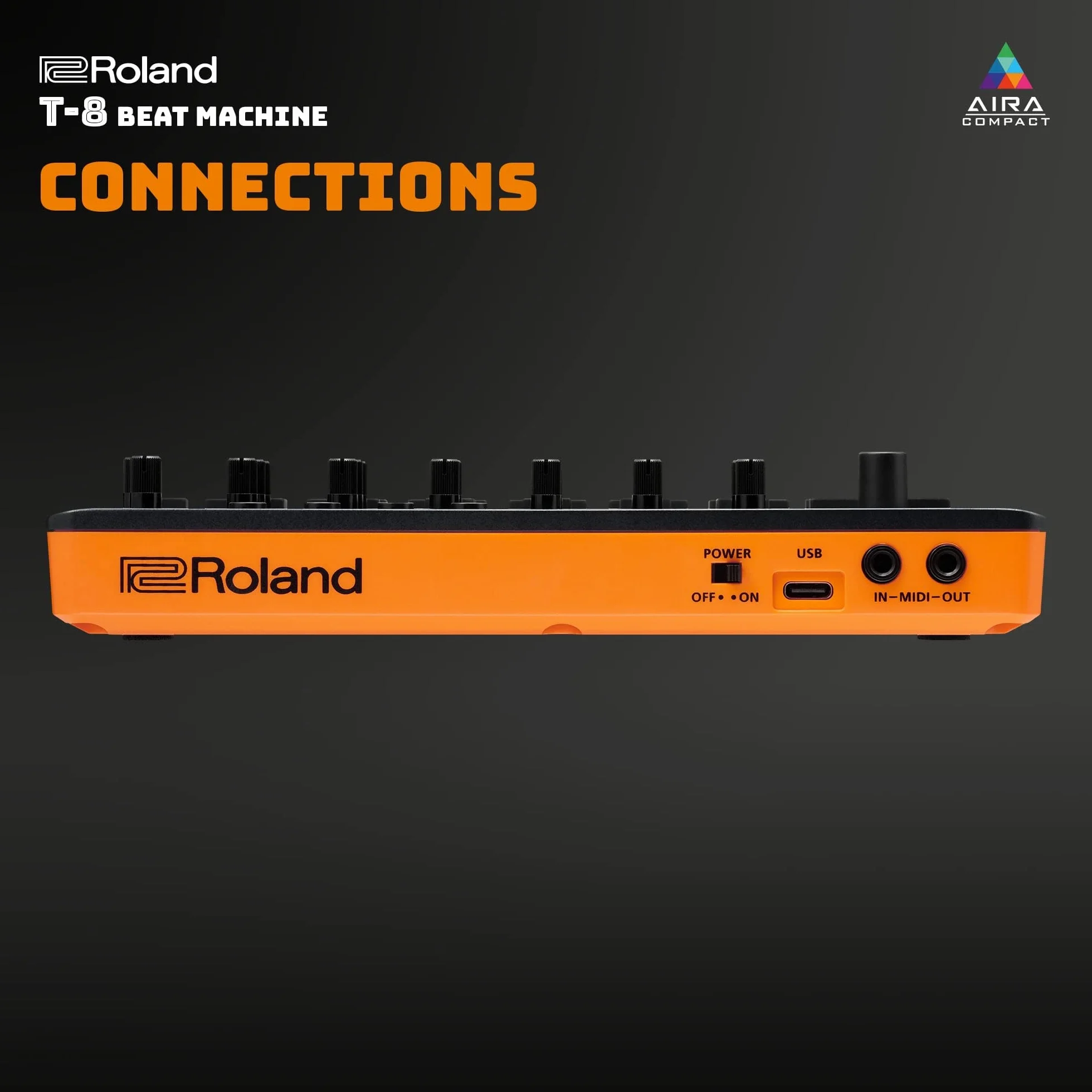 ROLAND AIRA Compact T-8 BEAT MACHINE | Máquina de ritmo y bajo ultraportátil con original Roland Sounds | Seis pistas rítmicas con sonidos de TR-808, TR-909 y TR-606, negras y naranjas